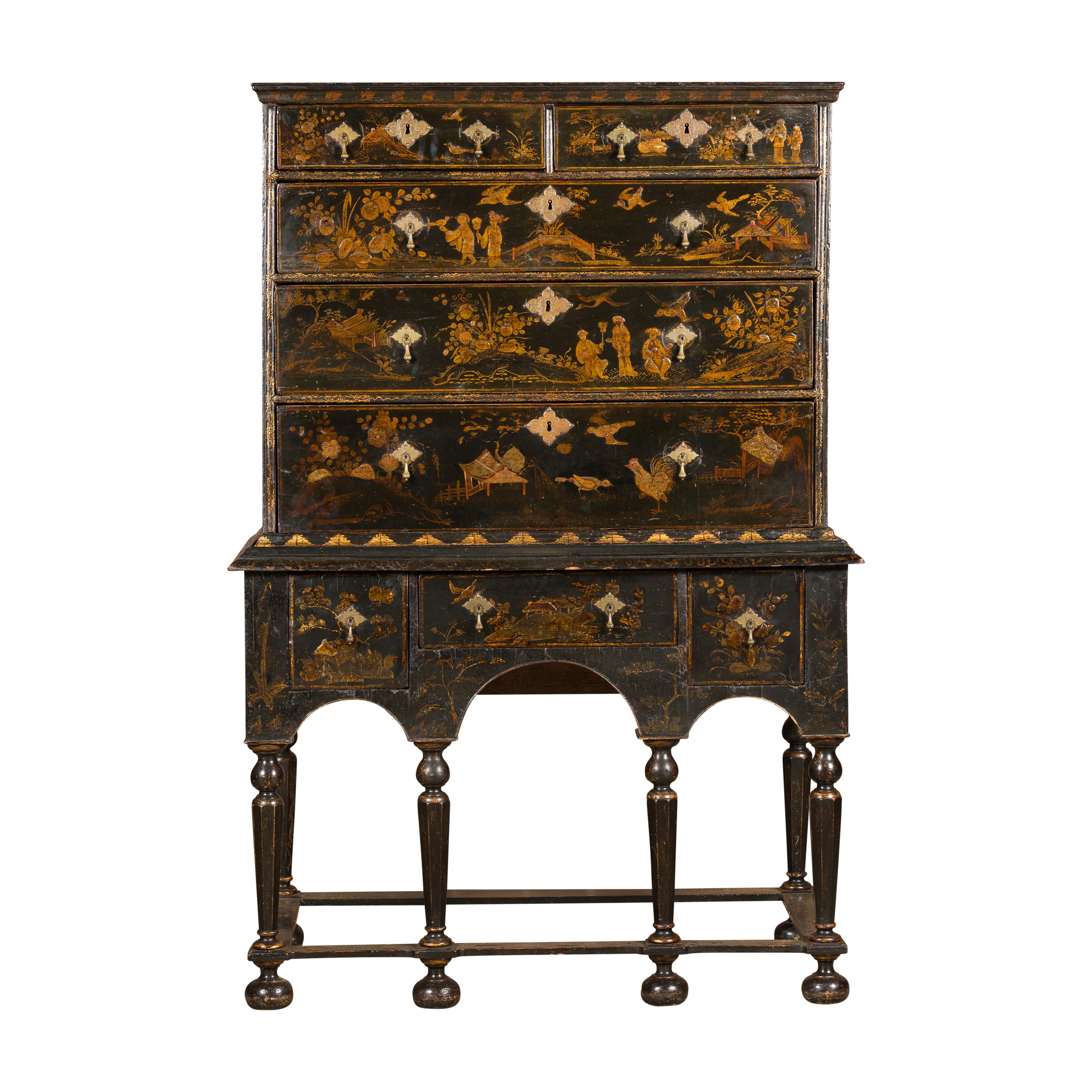 English 19th Century Black and Gold Chinoiserie Highboy with Eight Drawers 15