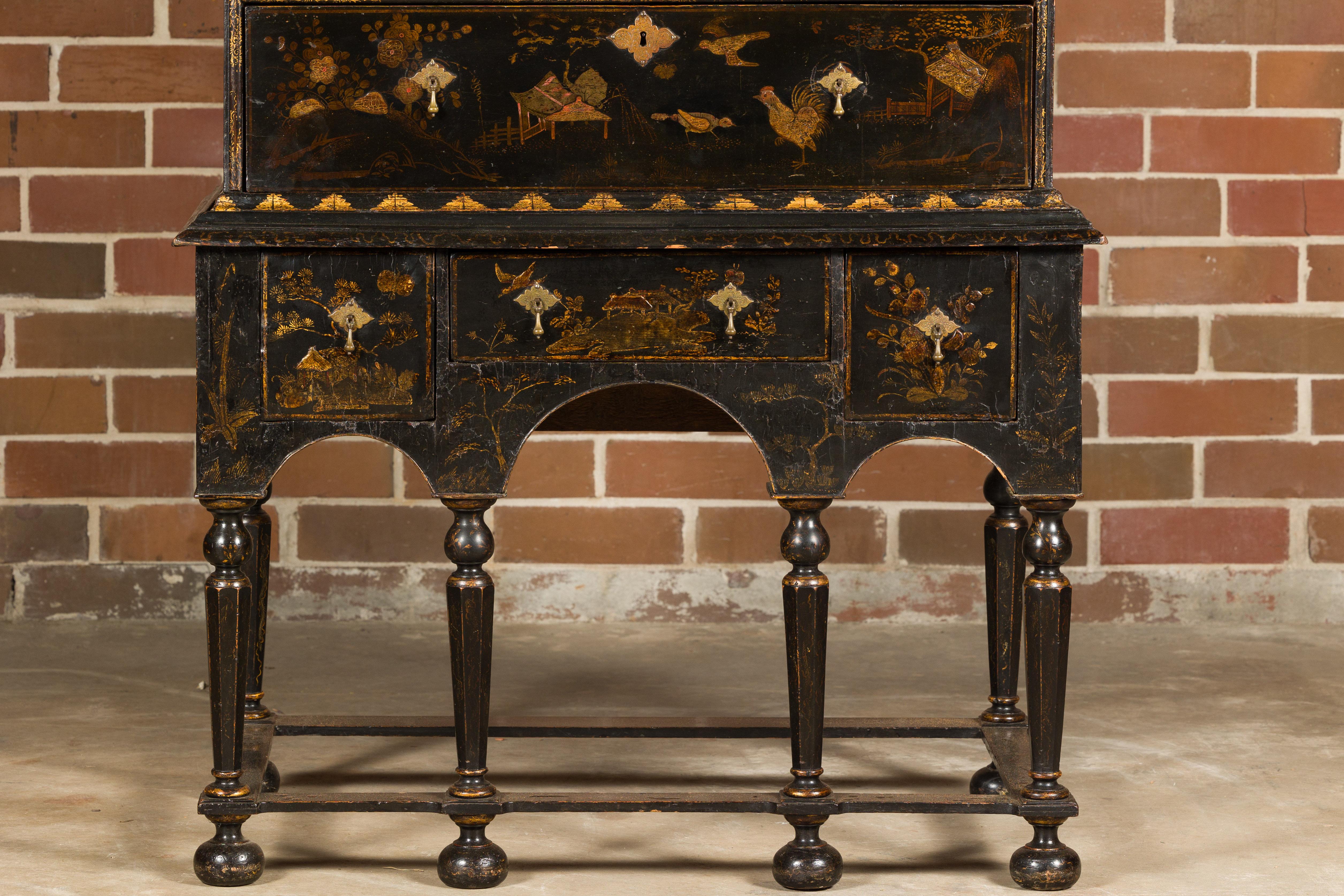 Carved English 19th Century Black and Gold Chinoiserie Highboy with Eight Drawers