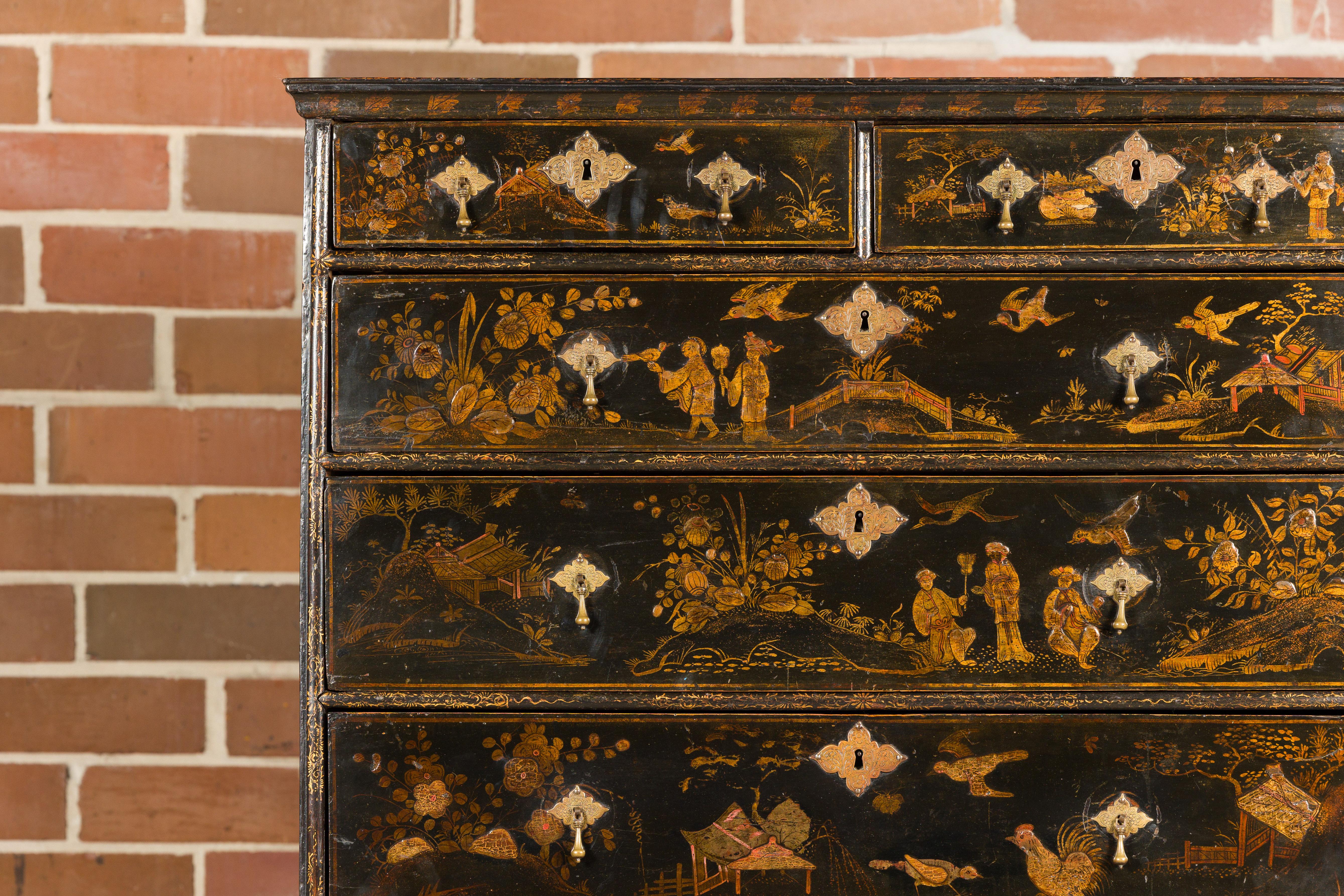 English 19th Century Black and Gold Chinoiserie Highboy with Eight Drawers In Good Condition In Atlanta, GA
