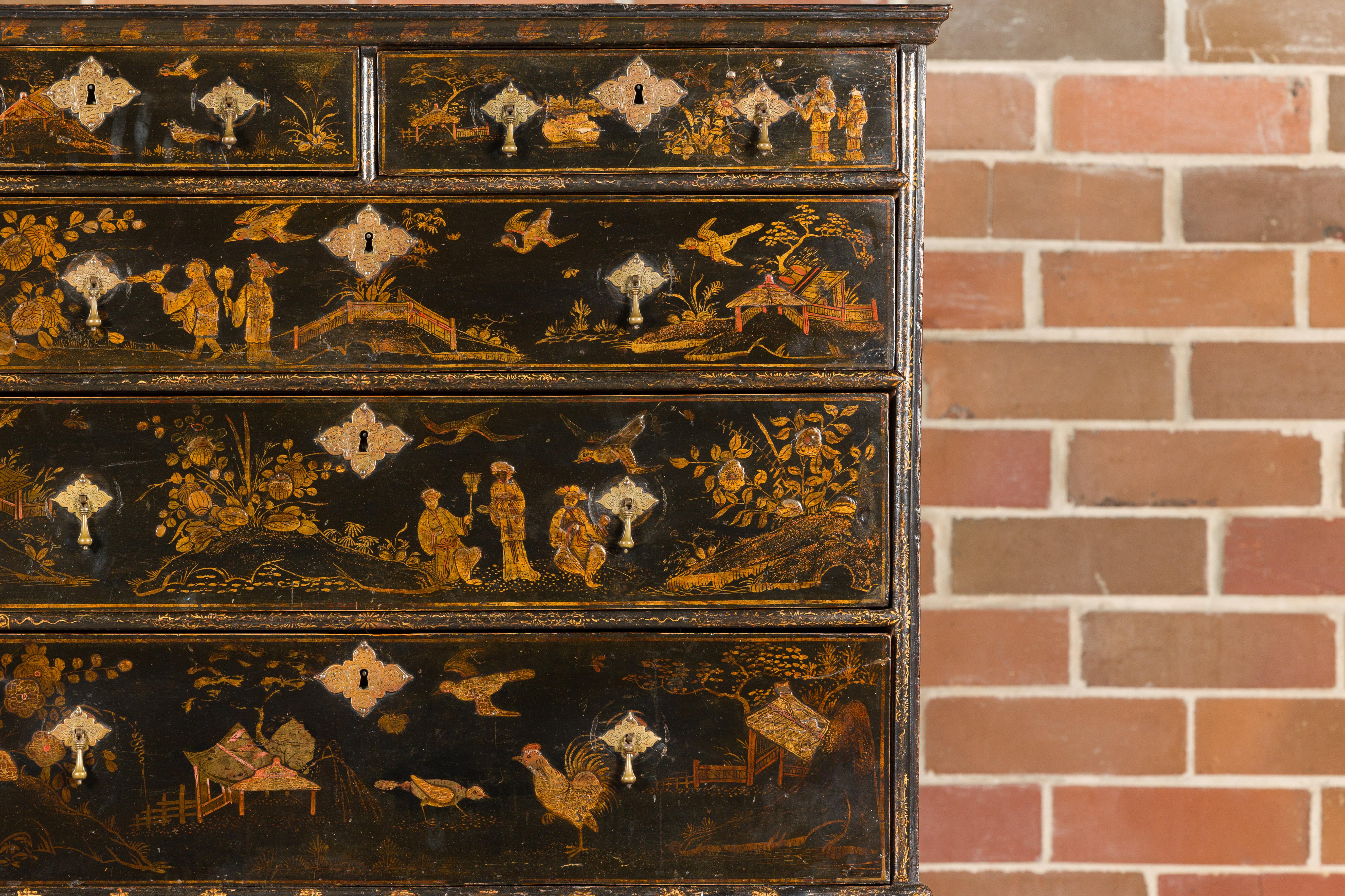 Wood English 19th Century Black and Gold Chinoiserie Highboy with Eight Drawers