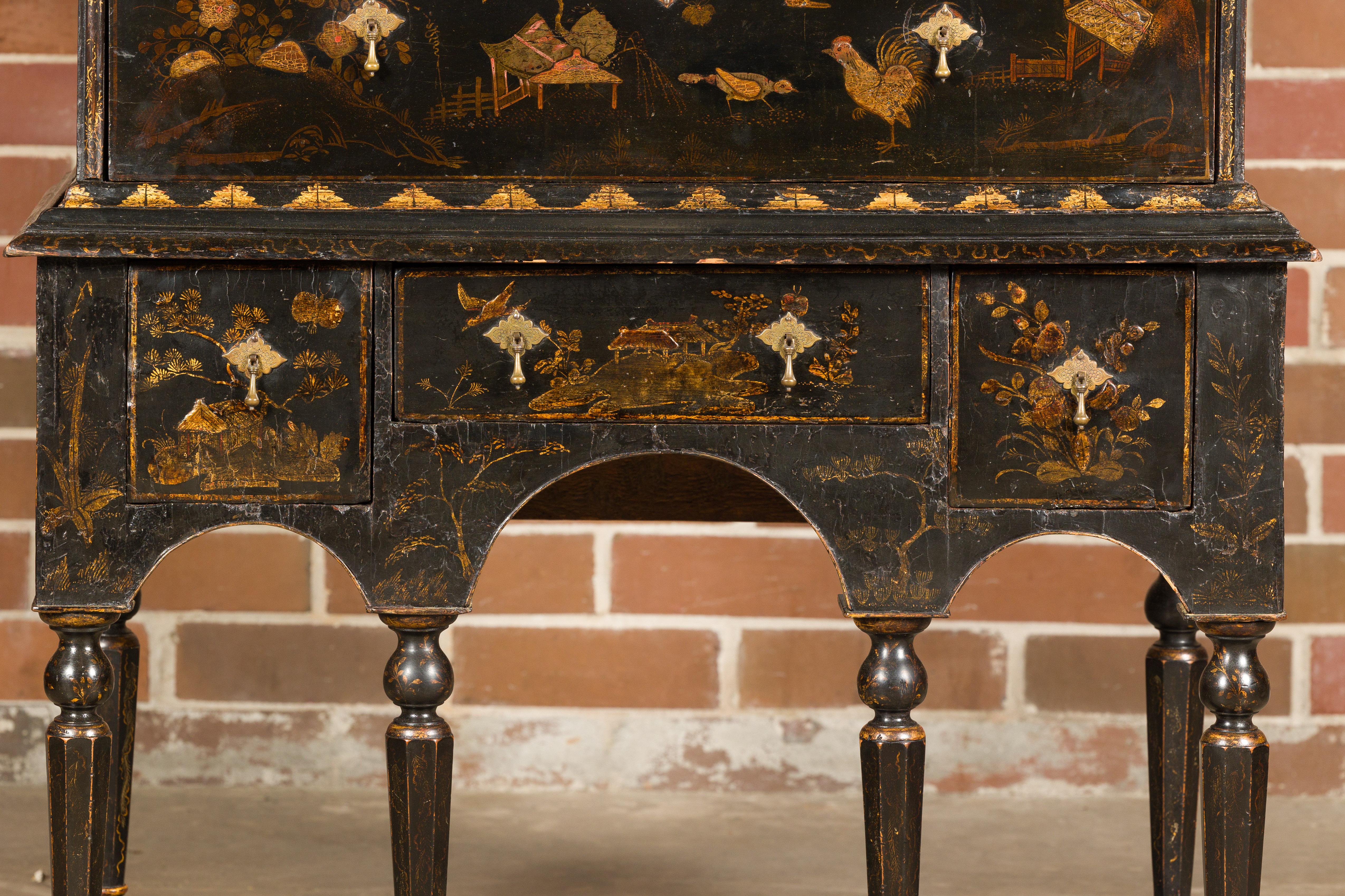 English 19th Century Black and Gold Chinoiserie Highboy with Eight Drawers 1