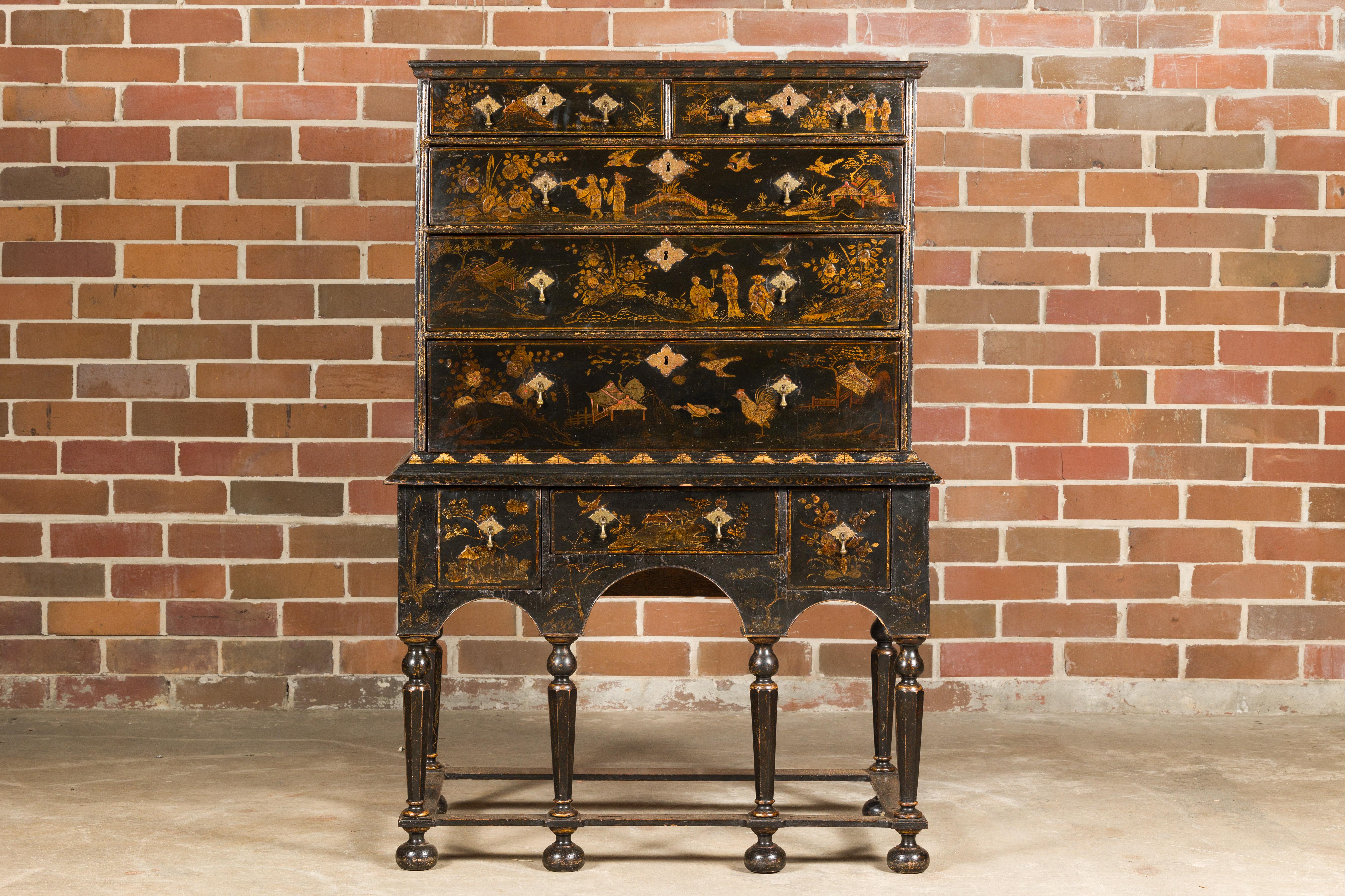 English 19th Century Black and Gold Chinoiserie Highboy with Eight Drawers 3