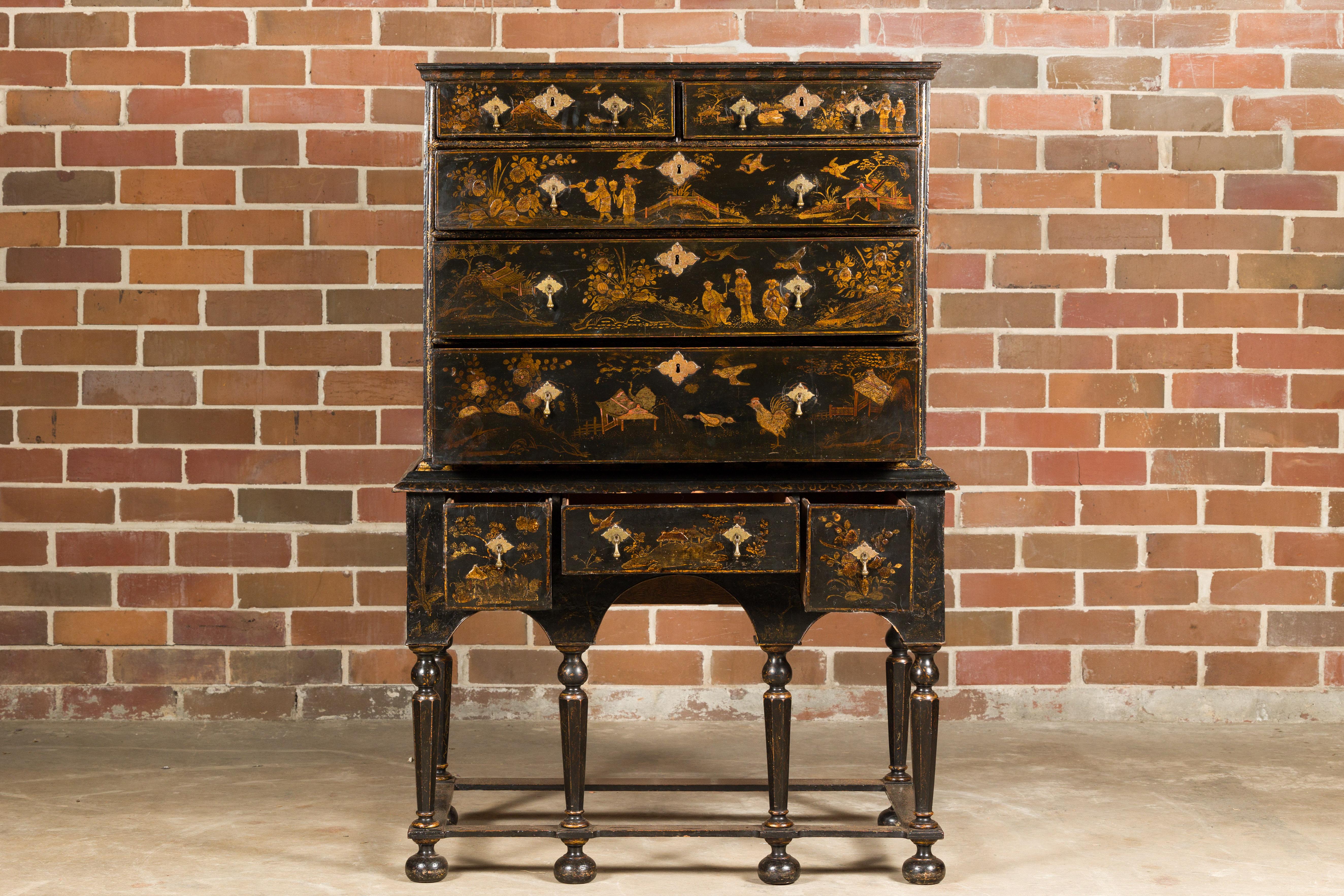 English 19th Century Black and Gold Chinoiserie Highboy with Eight Drawers 4