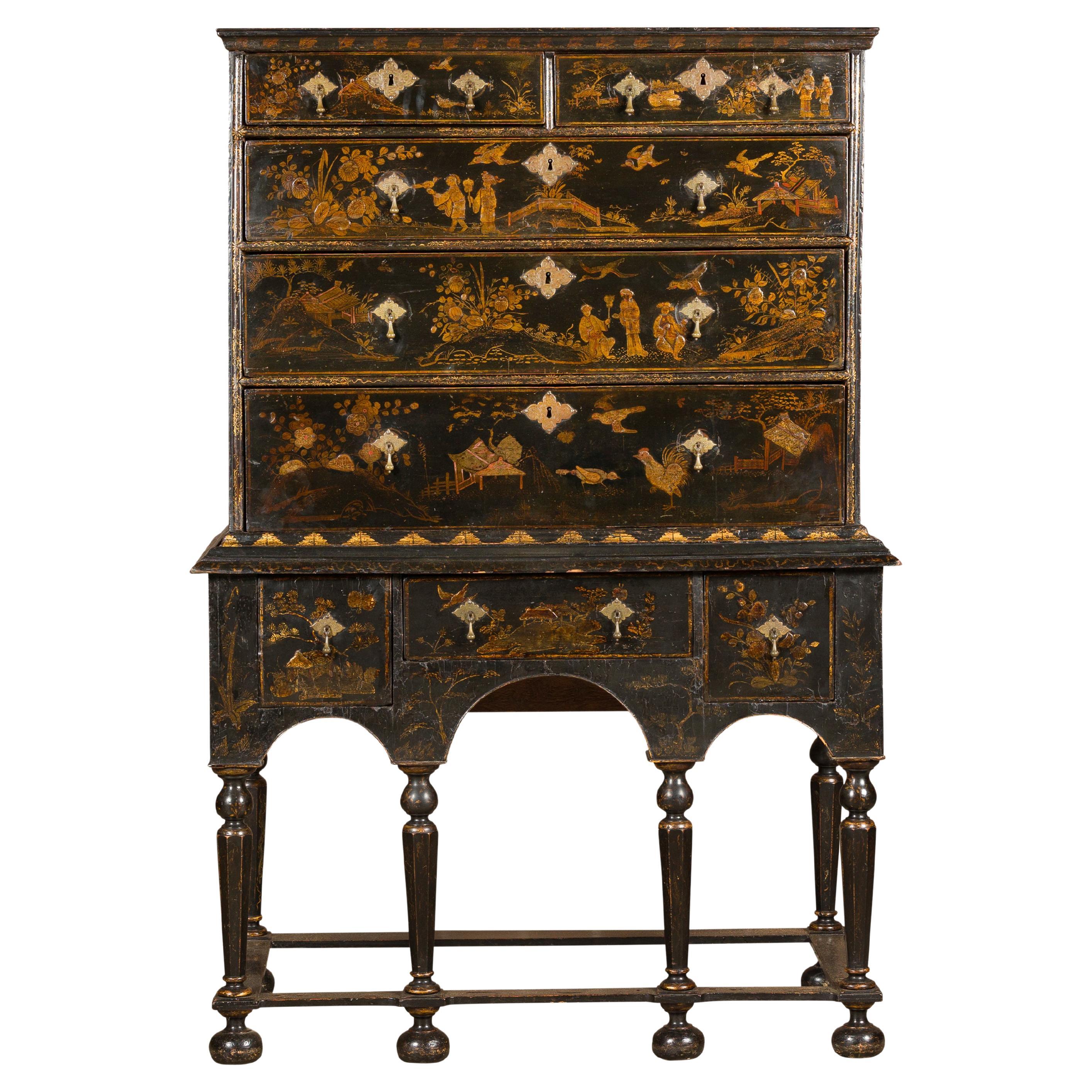 English 19th Century Black and Gold Chinoiserie Highboy with Eight Drawers