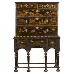 English 19th Century Black and Gold Chinoiserie Highboy with Eight Drawers