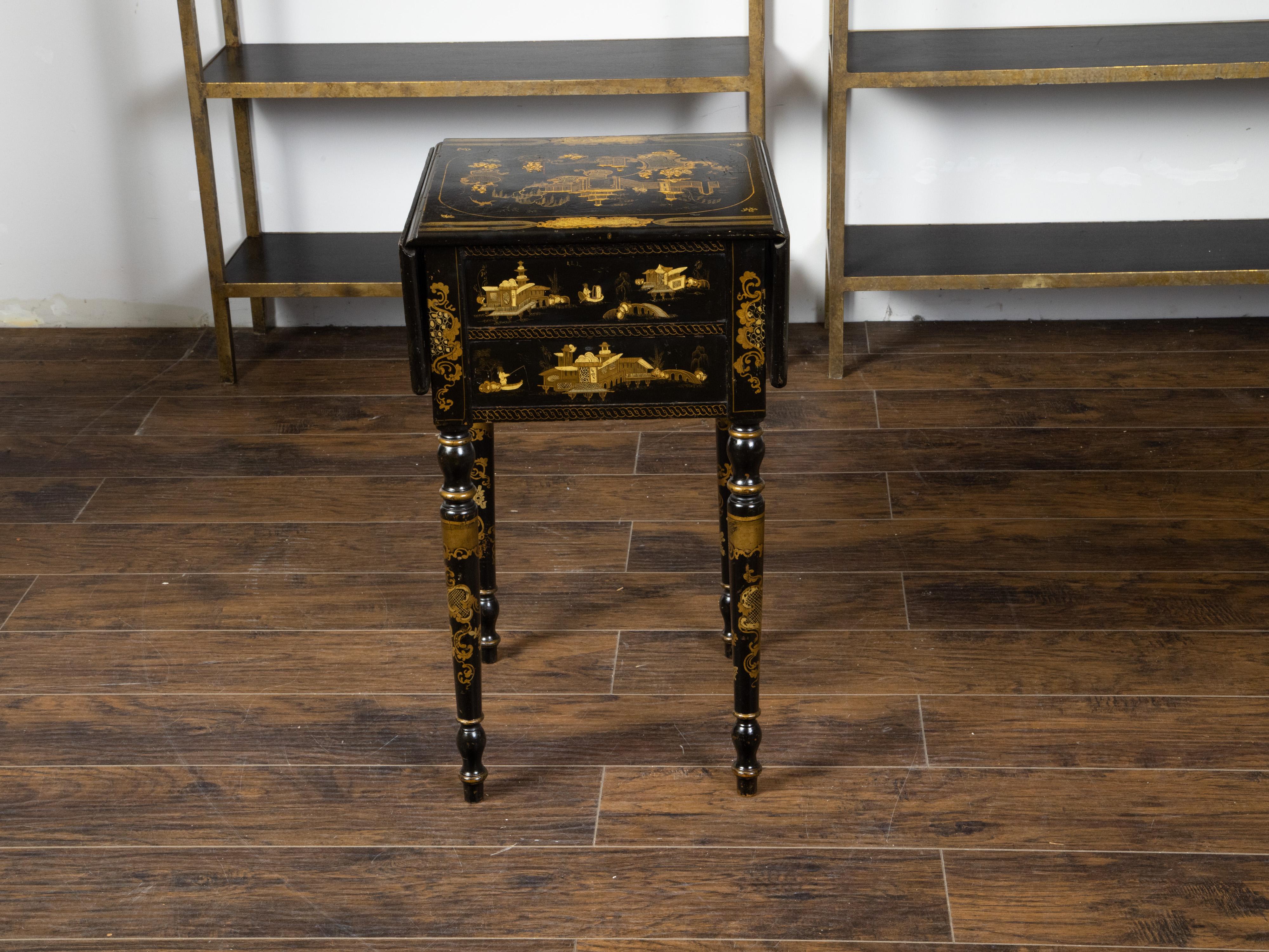 English 19th Century Black and Gold Chinoiserie Table with Two Drop Leaves For Sale 6