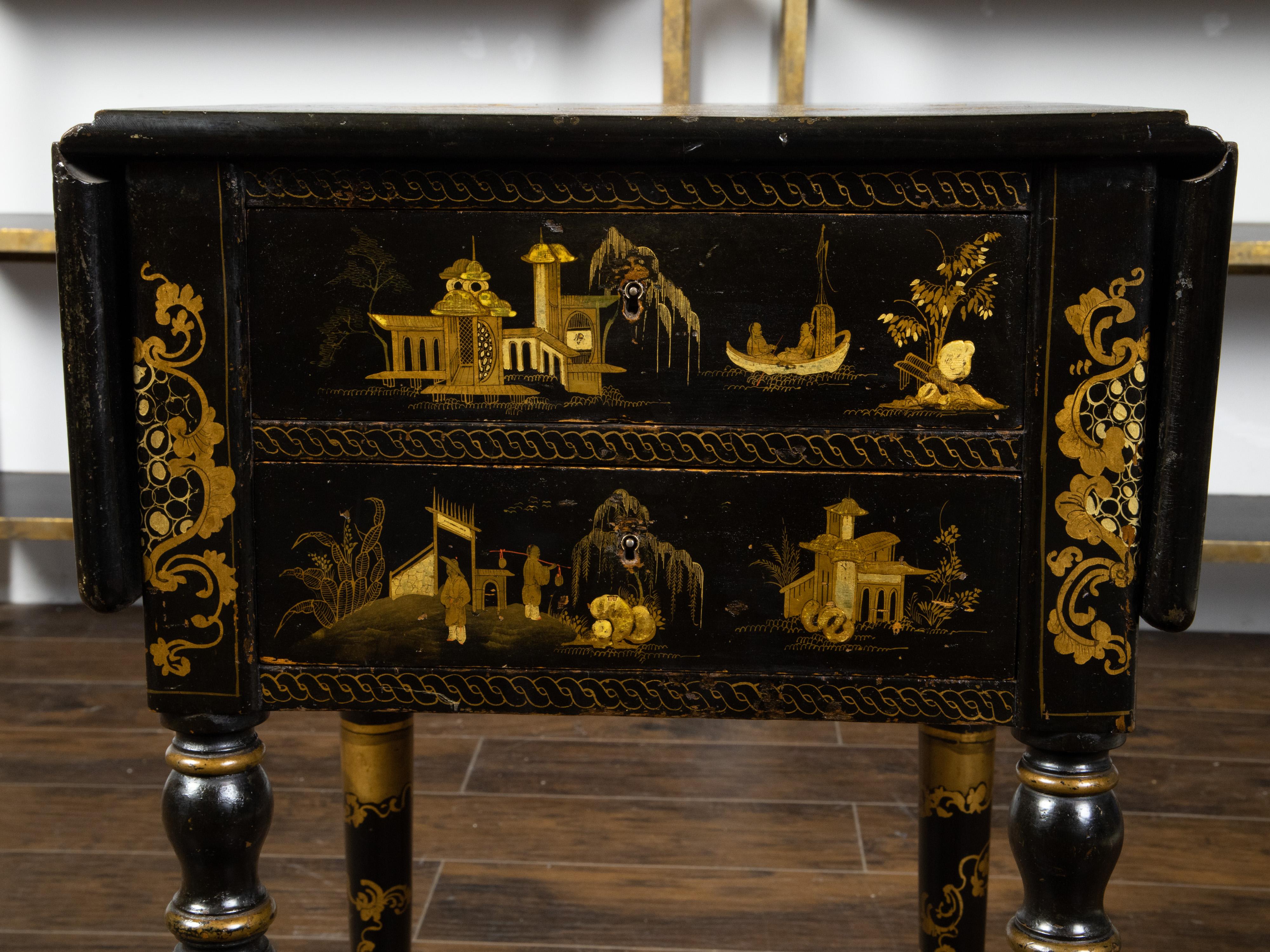 English 19th Century Black and Gold Chinoiserie Table with Two Drop Leaves For Sale 9