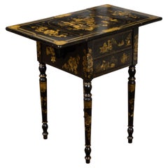 English 19th Century Black and Gold Chinoiserie Table with Two Drop Leaves