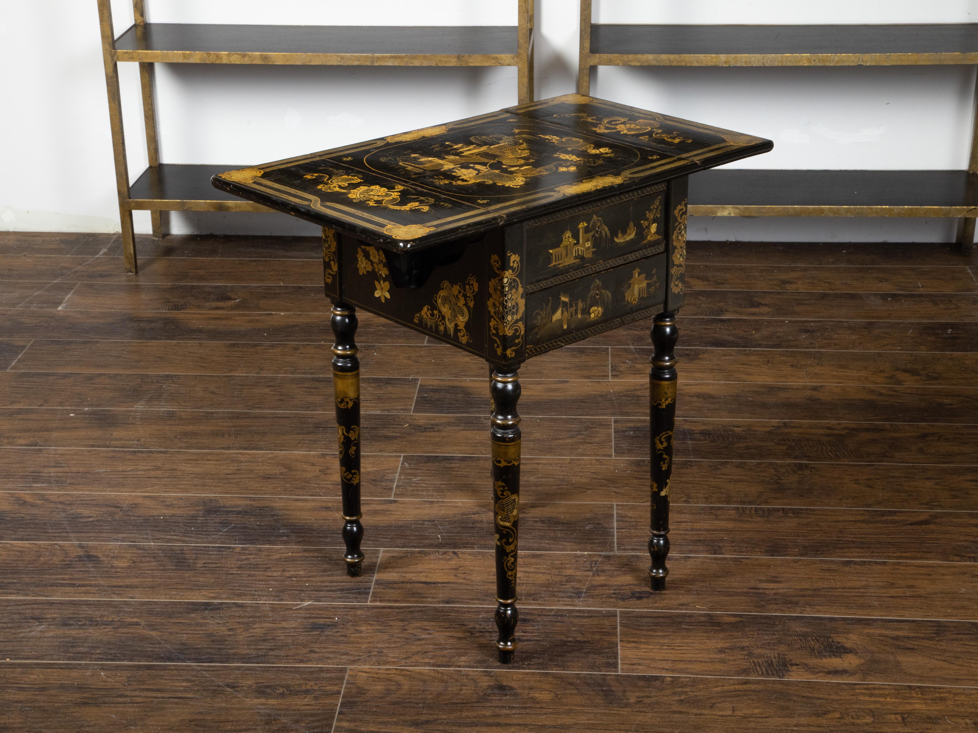 English 19th Century Black and Gold Chinoiserie Table with Two Drop Leaves In Good Condition For Sale In Atlanta, GA