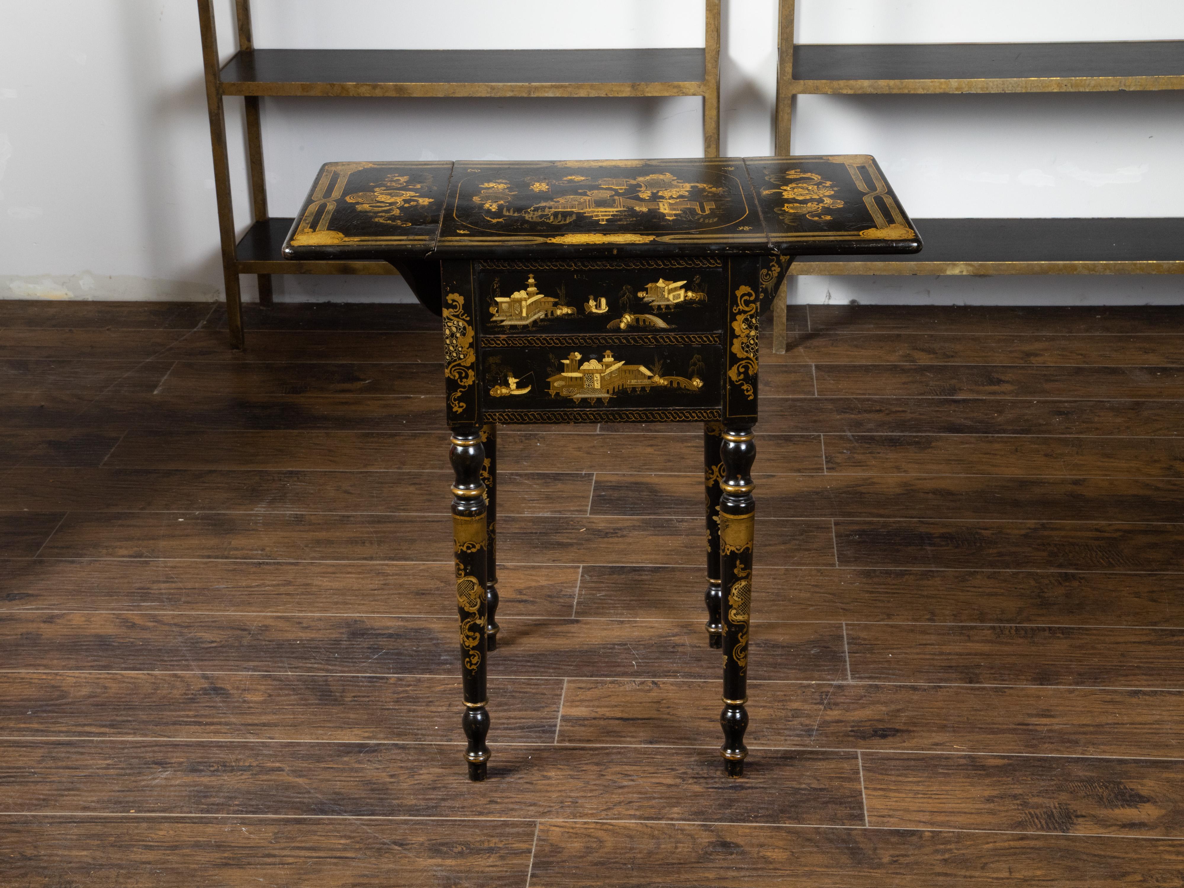 English 19th Century Black and Gold Chinoiserie Table with Two Drop Leaves For Sale 1