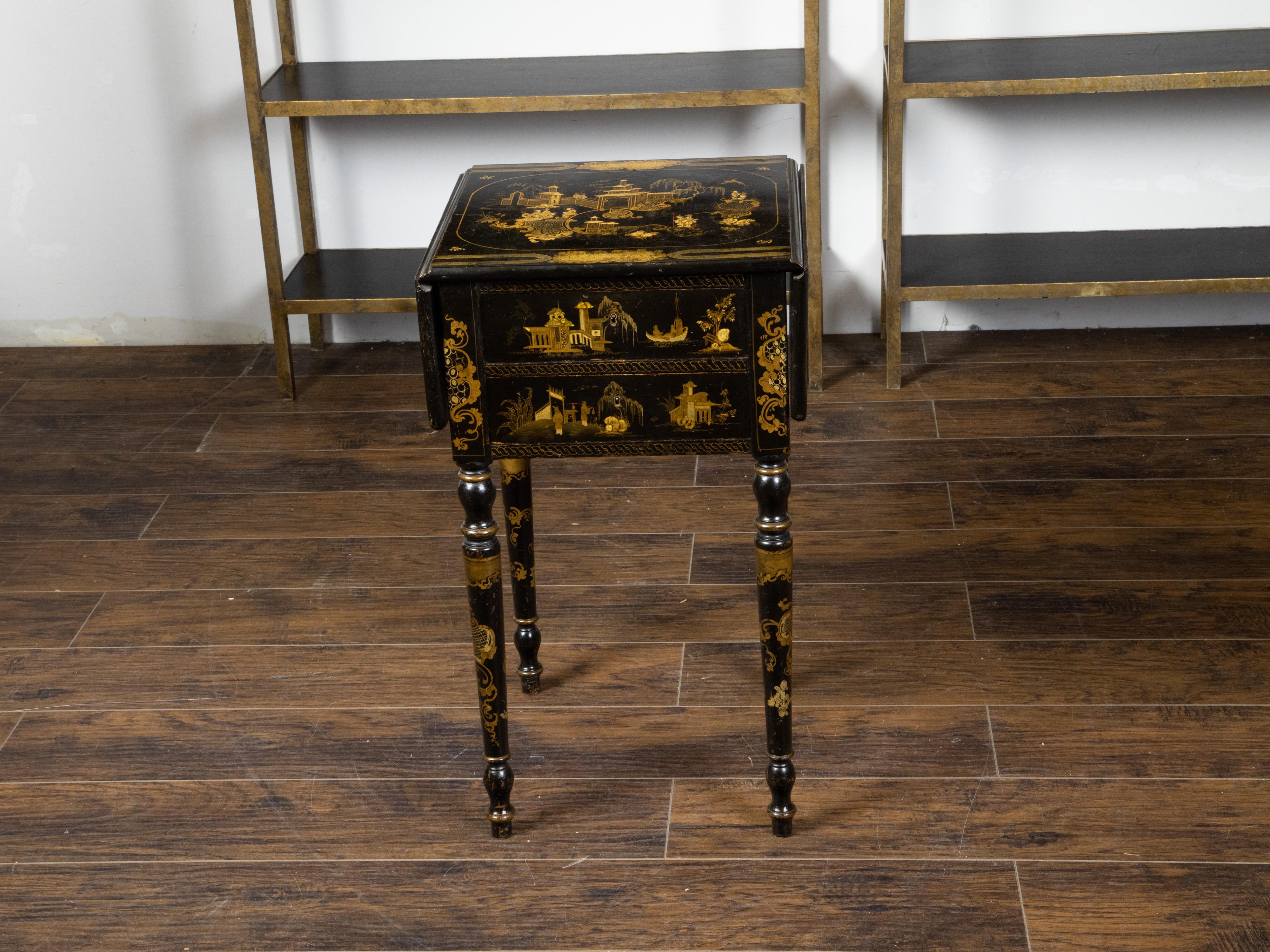 English 19th Century Black and Gold Chinoiserie Table with Two Drop Leaves For Sale 4