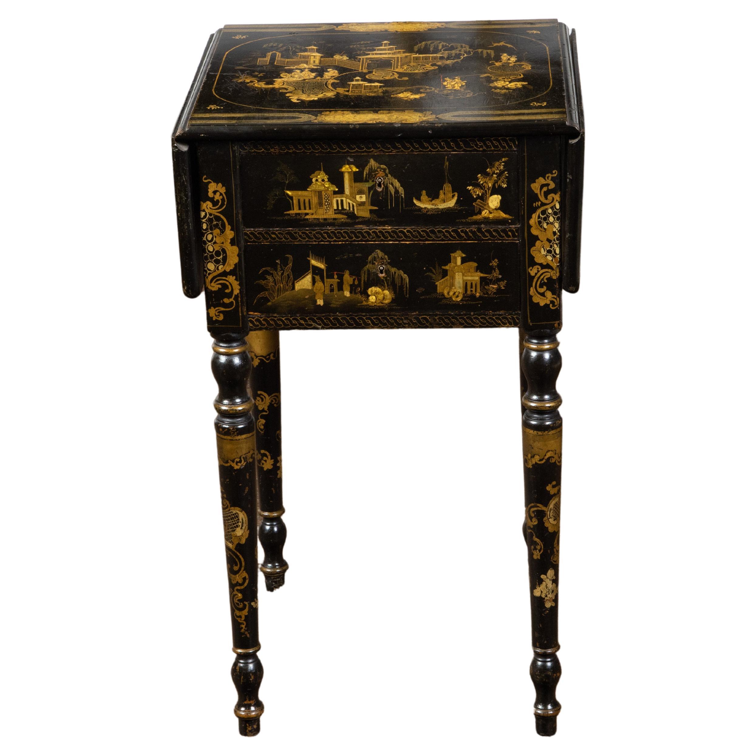 English 19th Century Black and Gold Chinoiserie Table with Two Drop Leaves For Sale