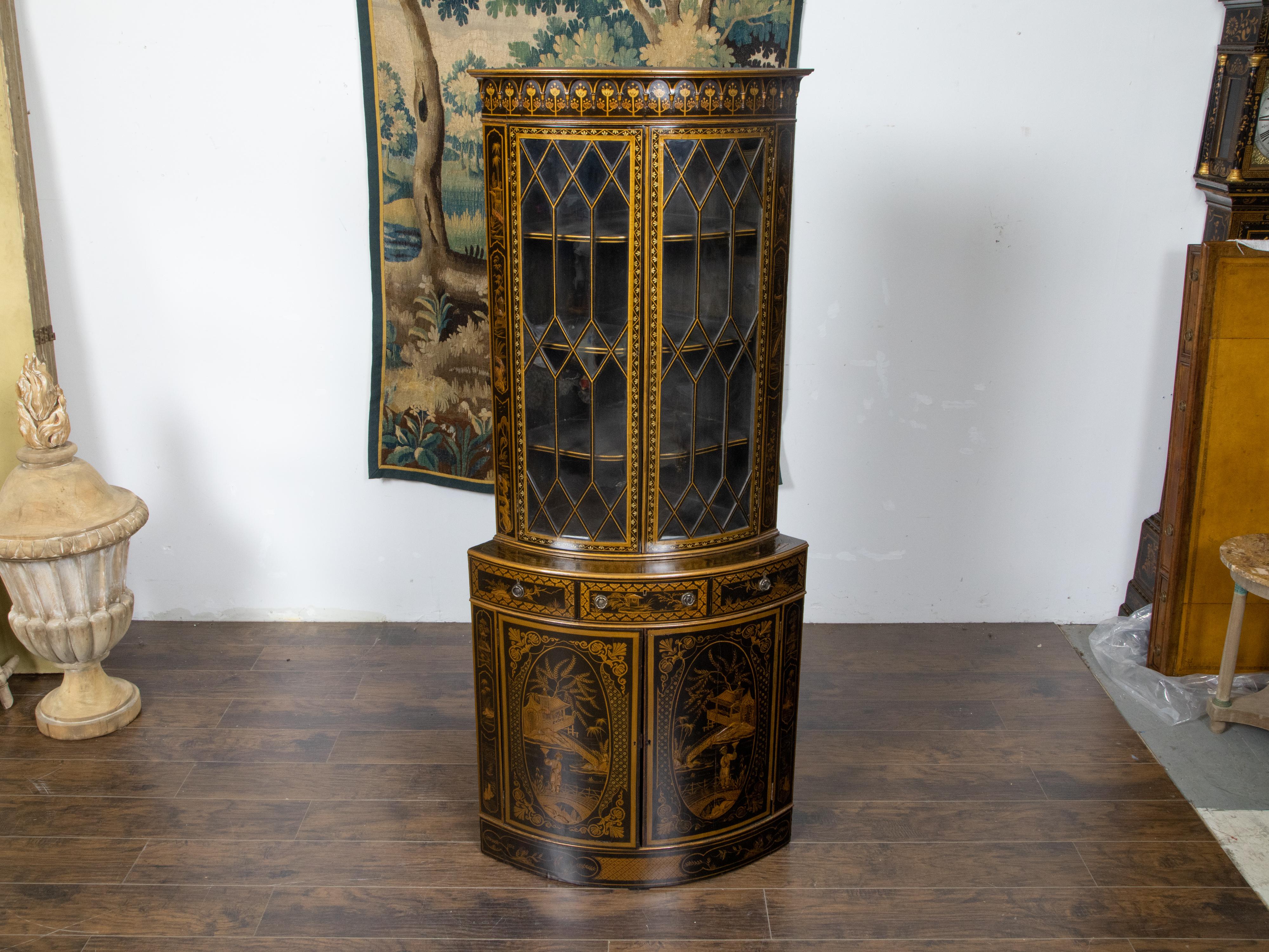 English 19th Century Black and Gold Lacquered Chinoiserie Corner Cabinet For Sale 2