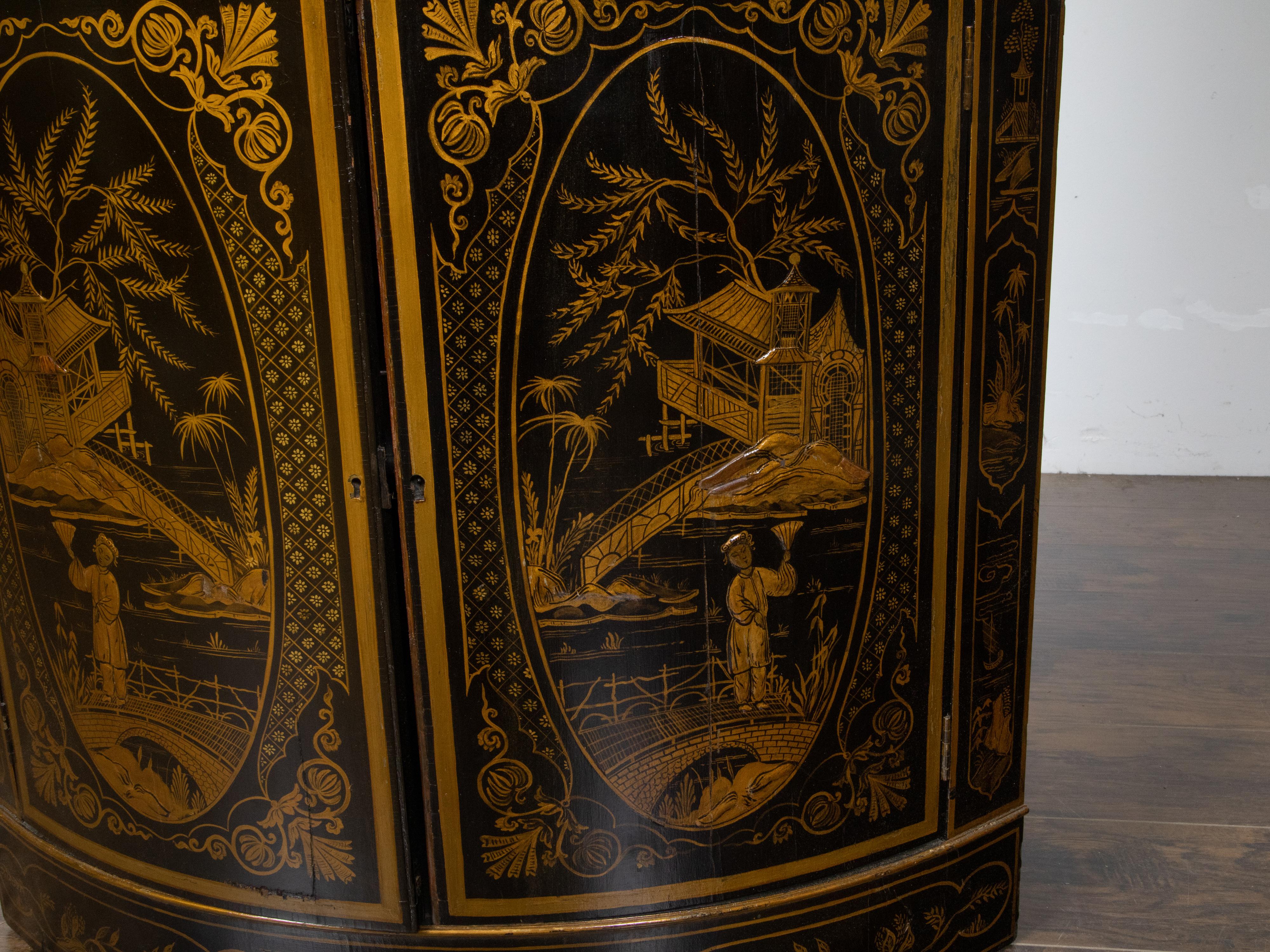 English 19th Century Black and Gold Lacquered Chinoiserie Corner Cabinet For Sale 4