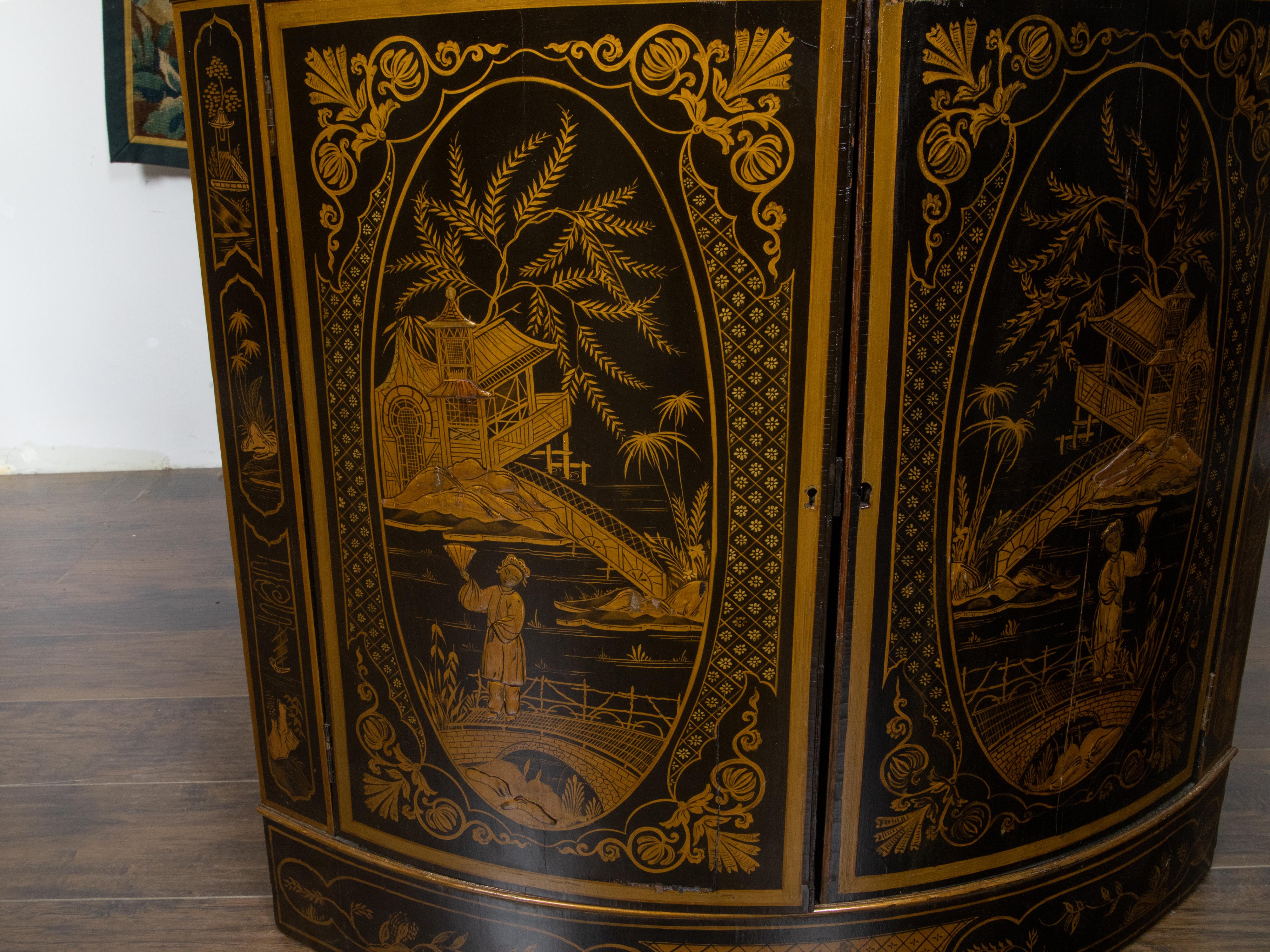 English 19th Century Black and Gold Lacquered Chinoiserie Corner Cabinet For Sale 5