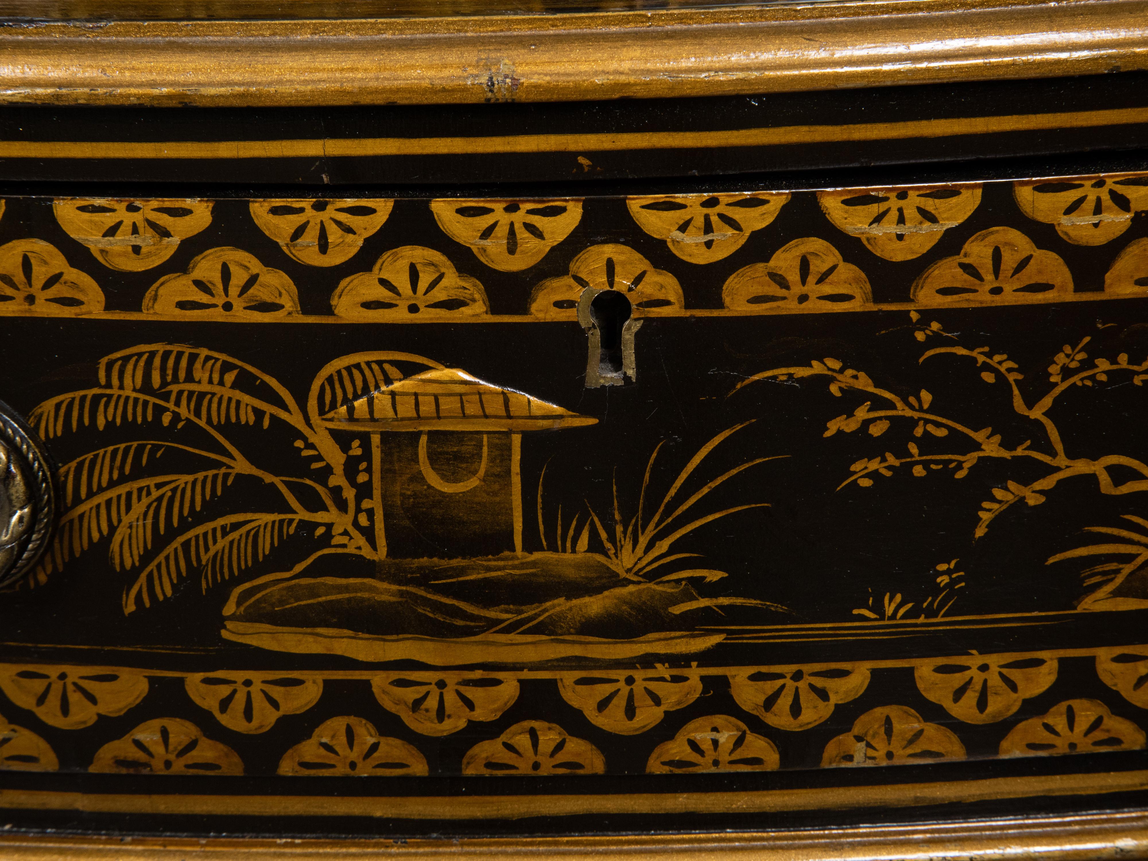 English 19th Century Black and Gold Lacquered Chinoiserie Corner Cabinet For Sale 6