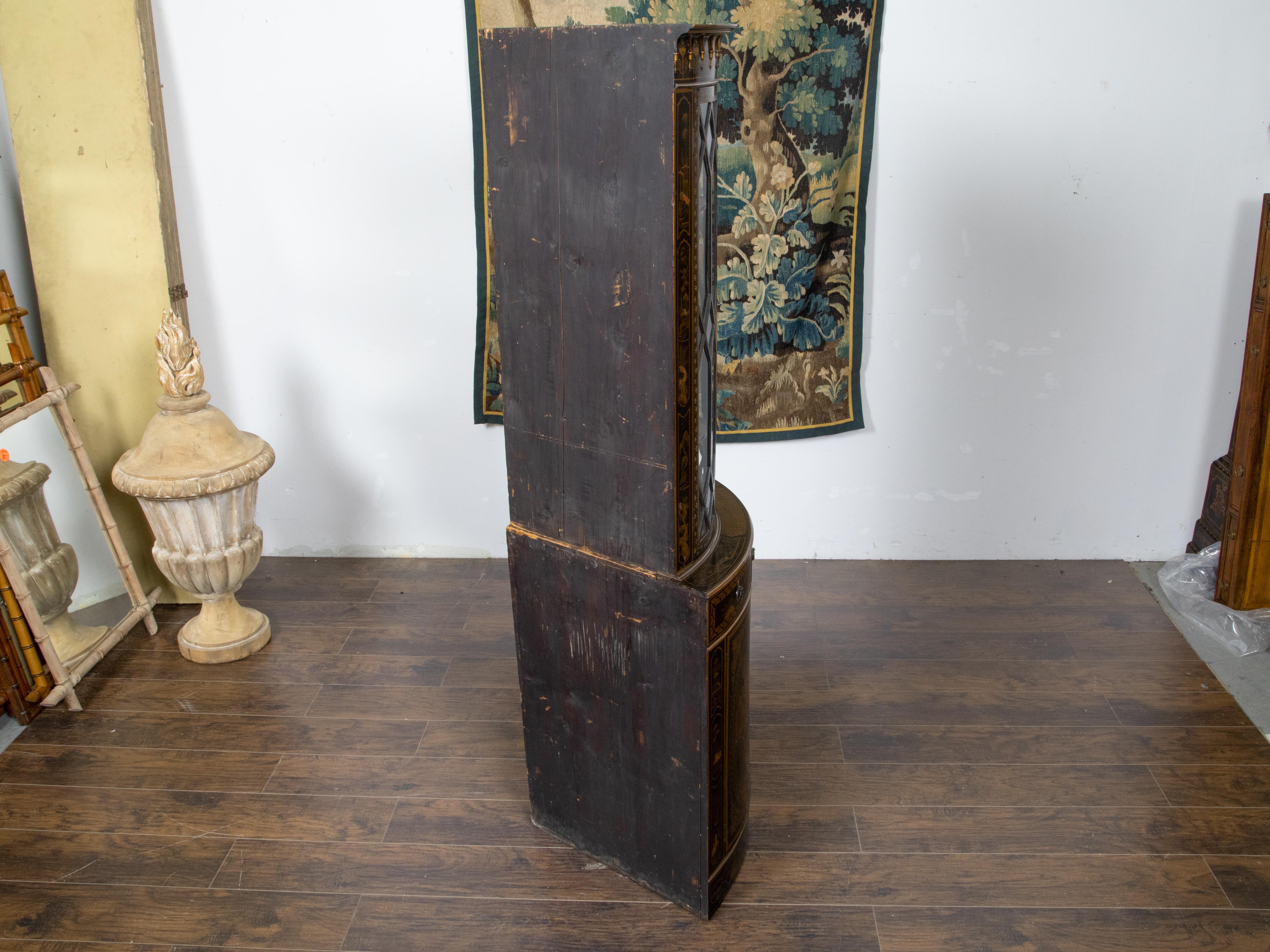 Japanned English 19th Century Black and Gold Lacquered Chinoiserie Corner Cabinet For Sale