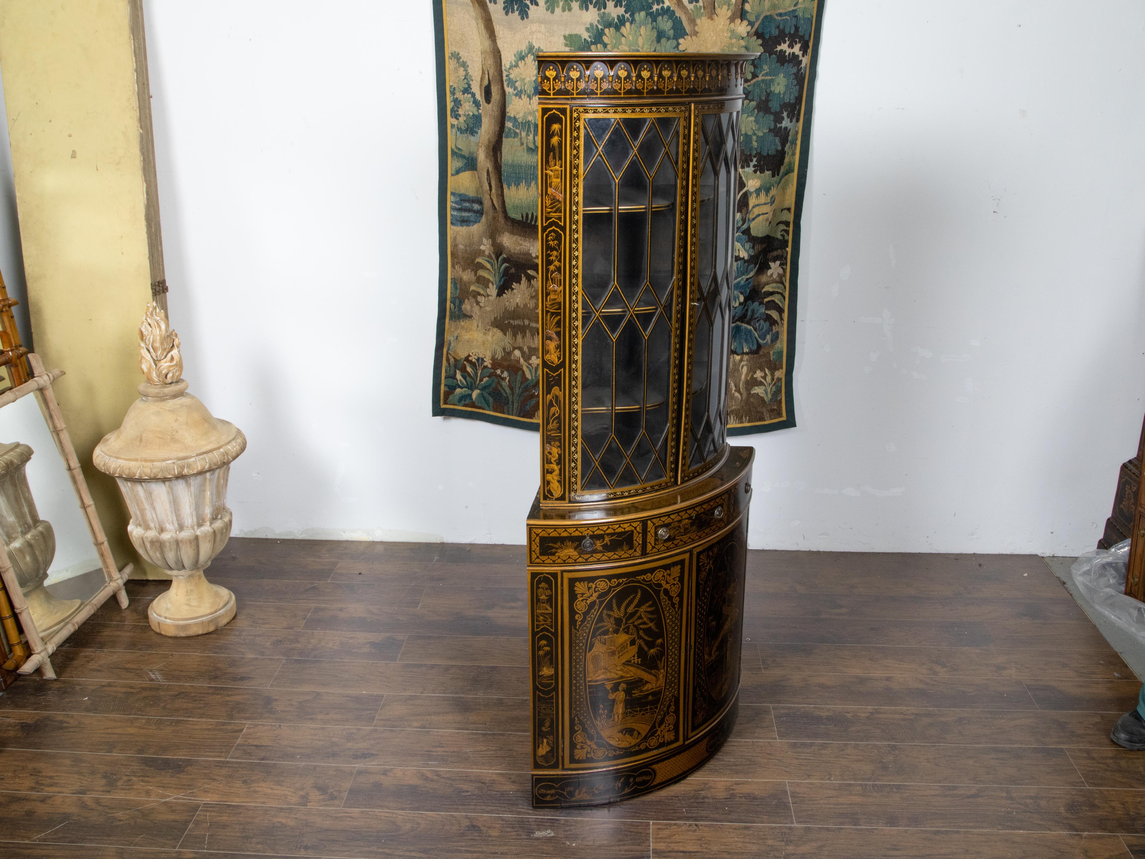 XIXe siècle Armoire d'angle chinoiseries anglaise du 19ème siècle laquée noire et or en vente