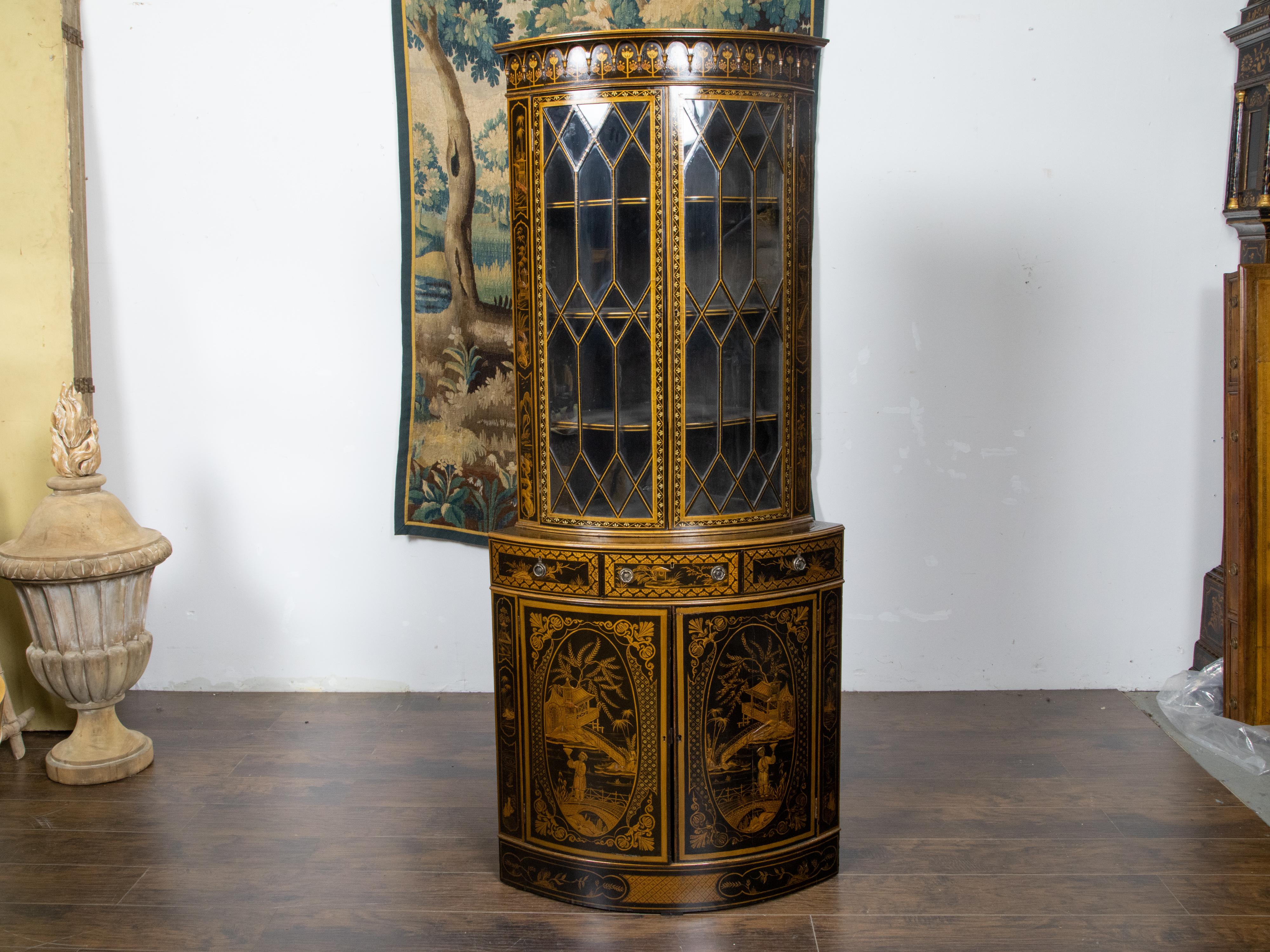 English 19th Century Black and Gold Lacquered Chinoiserie Corner Cabinet For Sale 1