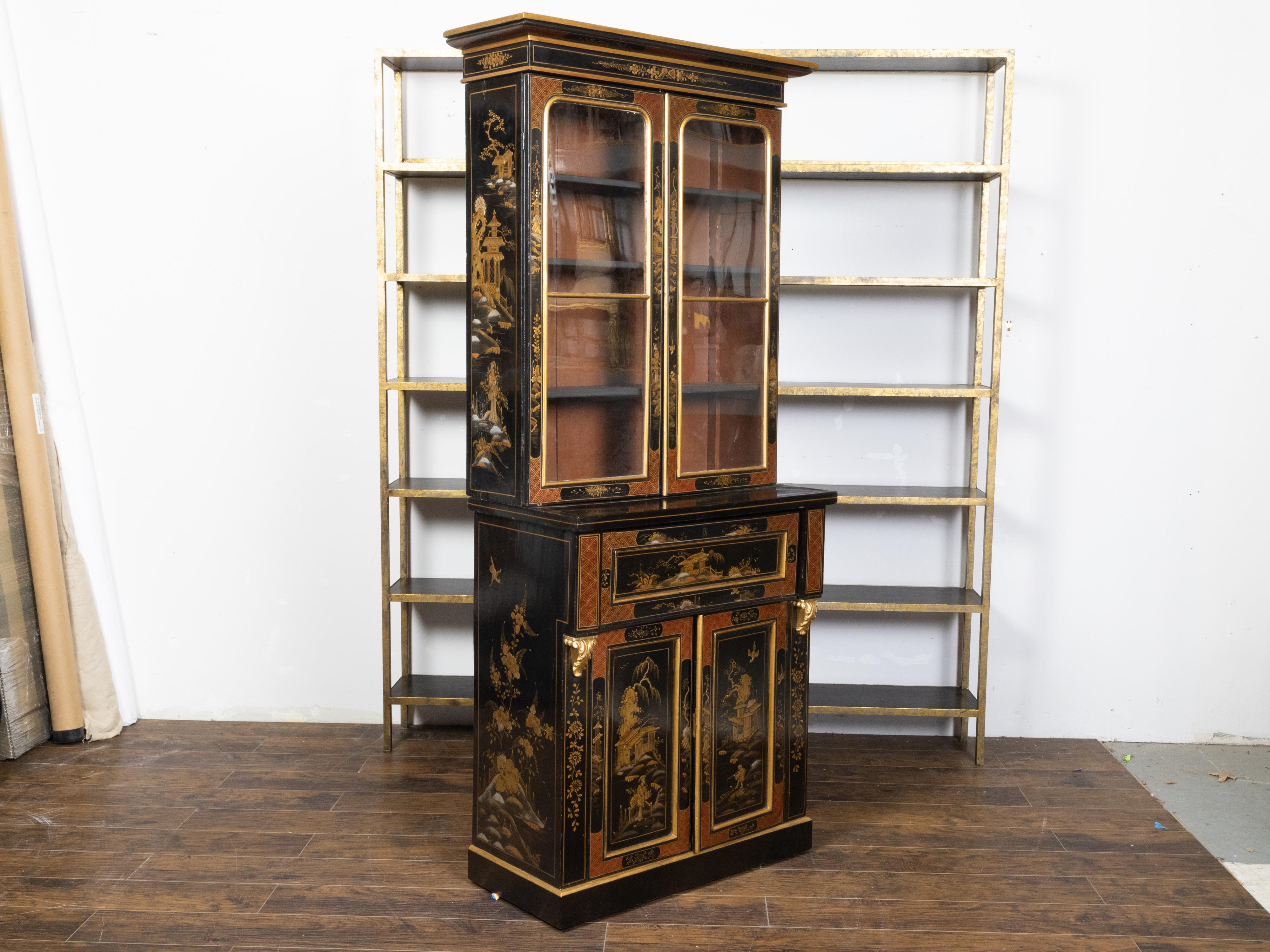 English 19th Century Black and Gold Secretary Bookcase with Chinoiserie Décor For Sale 3