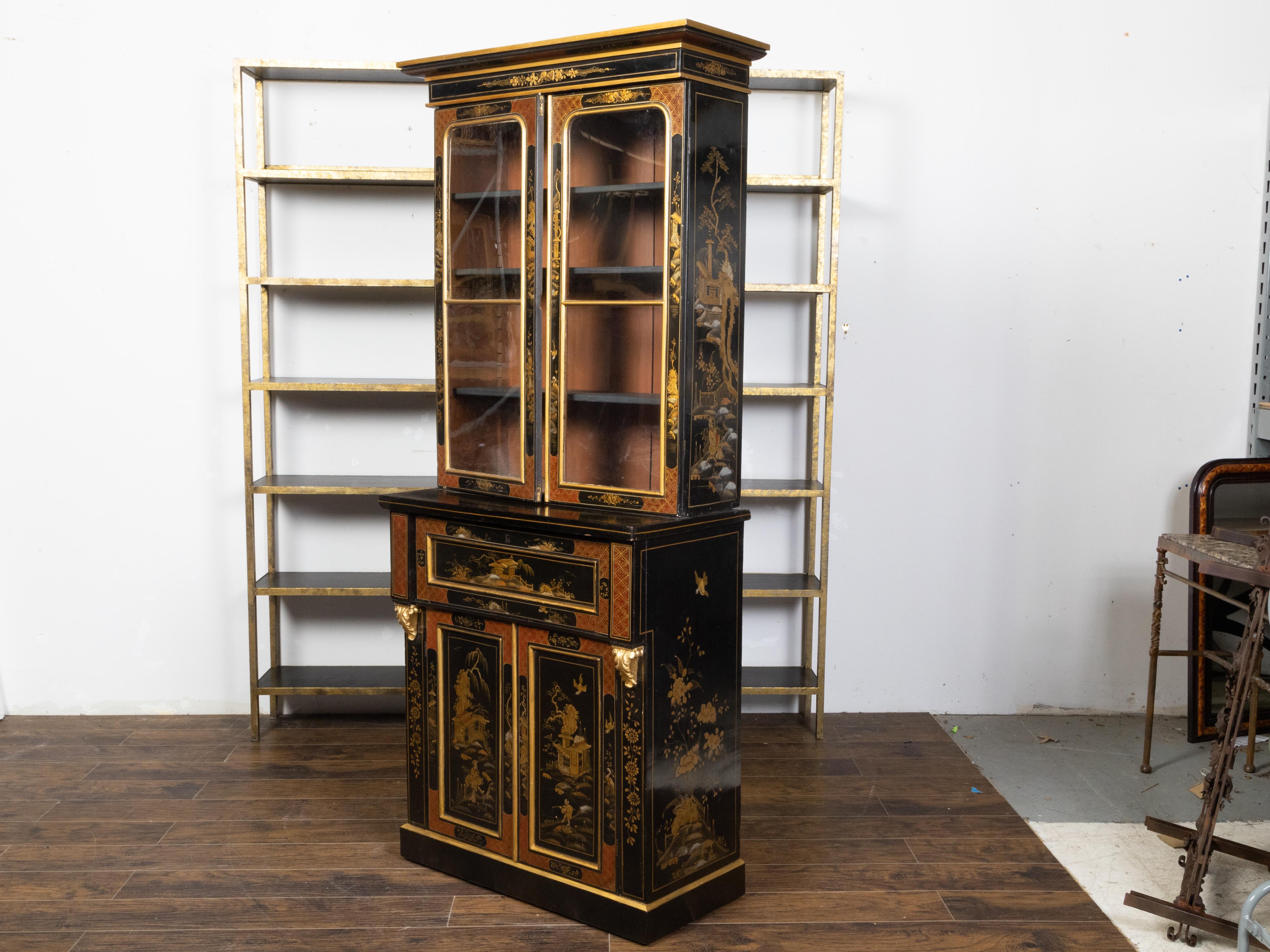 English 19th Century Black and Gold Secretary Bookcase with Chinoiserie Décor For Sale 8