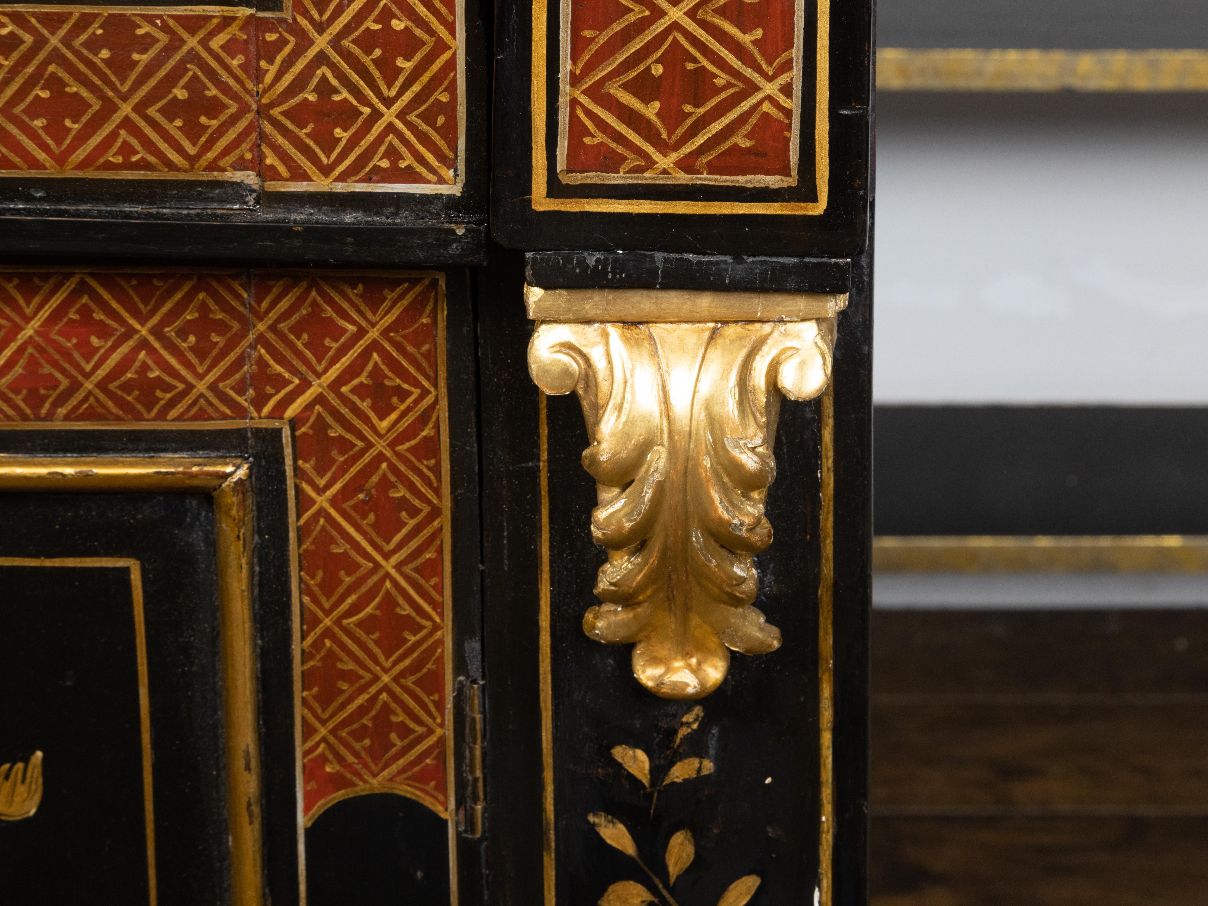 Gilt English 19th Century Black and Gold Secretary Bookcase with Chinoiserie Décor For Sale