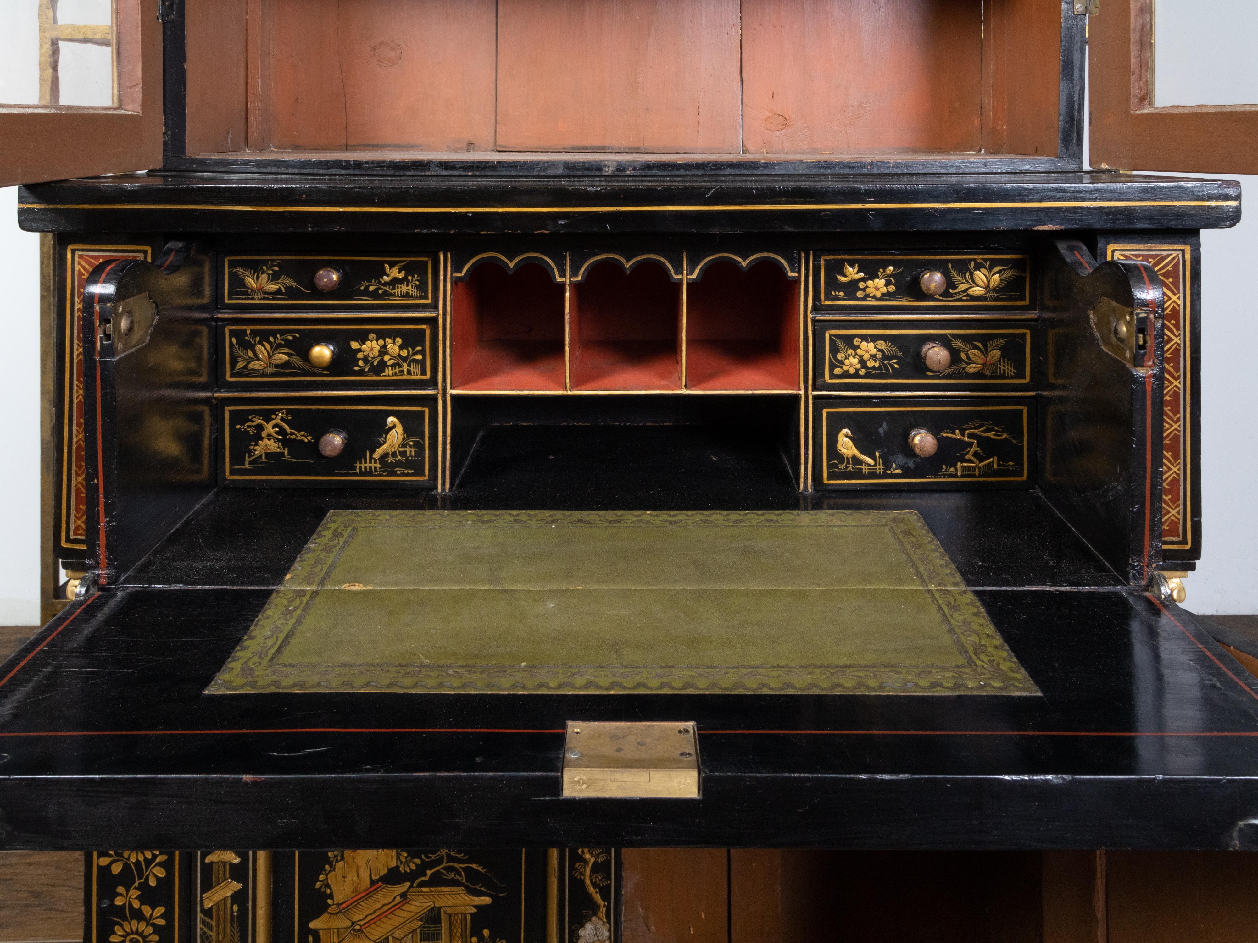 Glass English 19th Century Black and Gold Secretary Bookcase with Chinoiserie Décor For Sale