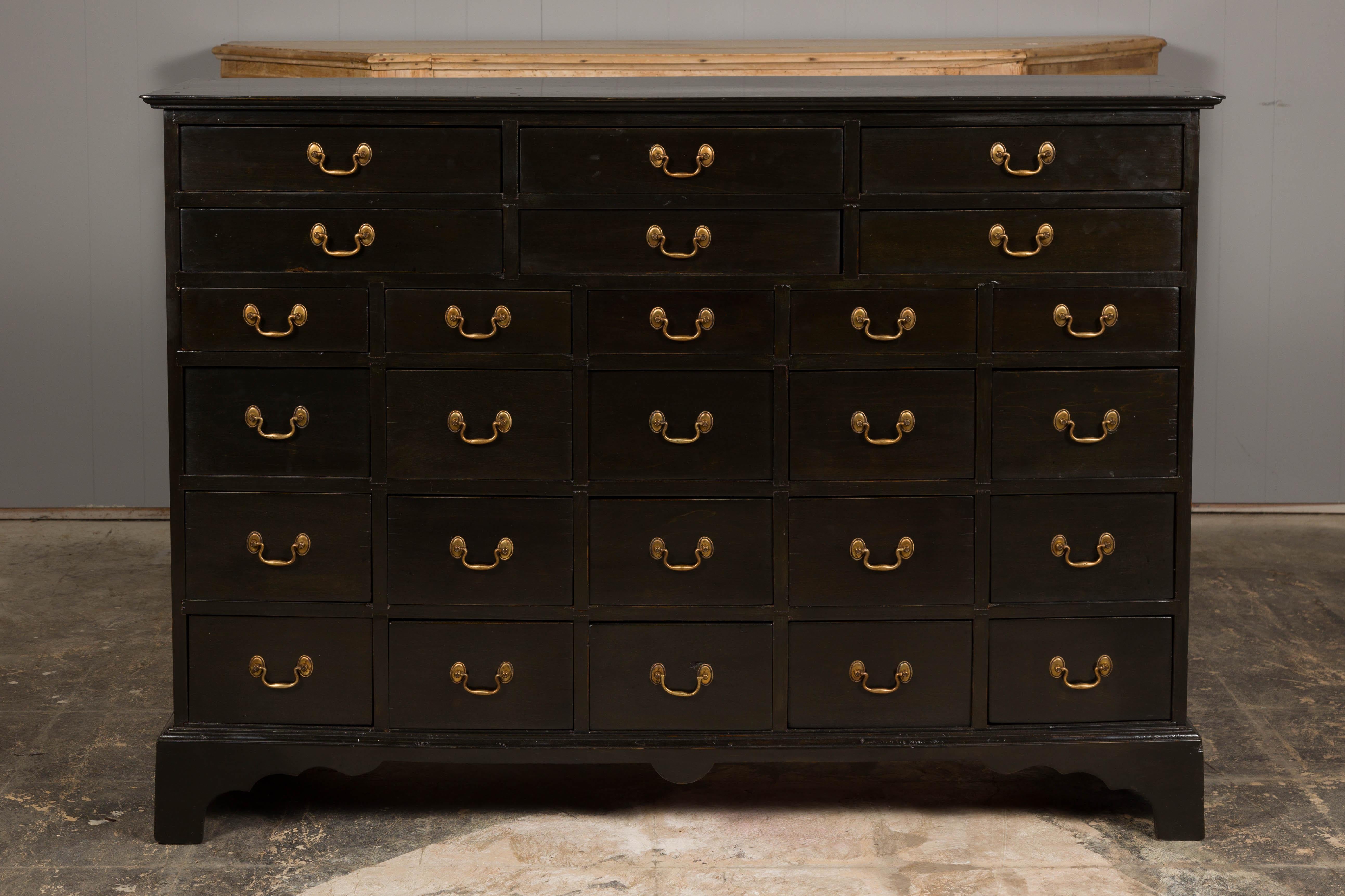 English 19th Century Black Apothecary Chest with 26 Drawers and Brass Hardware For Sale 1