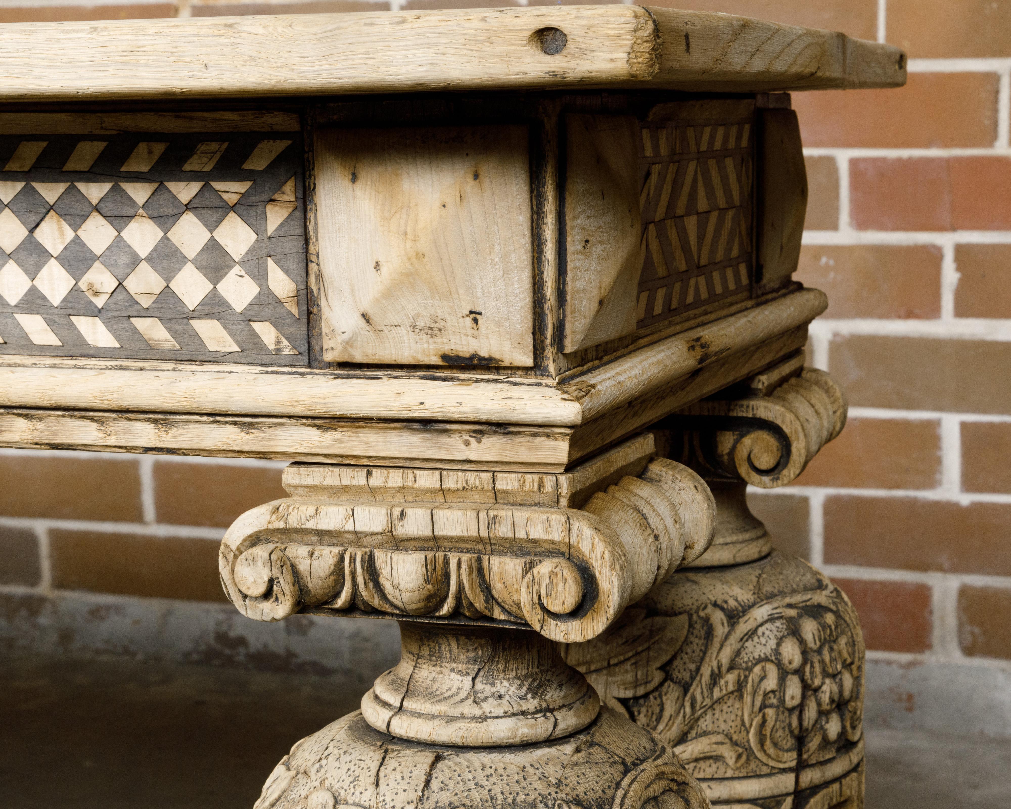 English 19th Century Bleached Oak Console Table with Geometric Inlaid Frieze 9