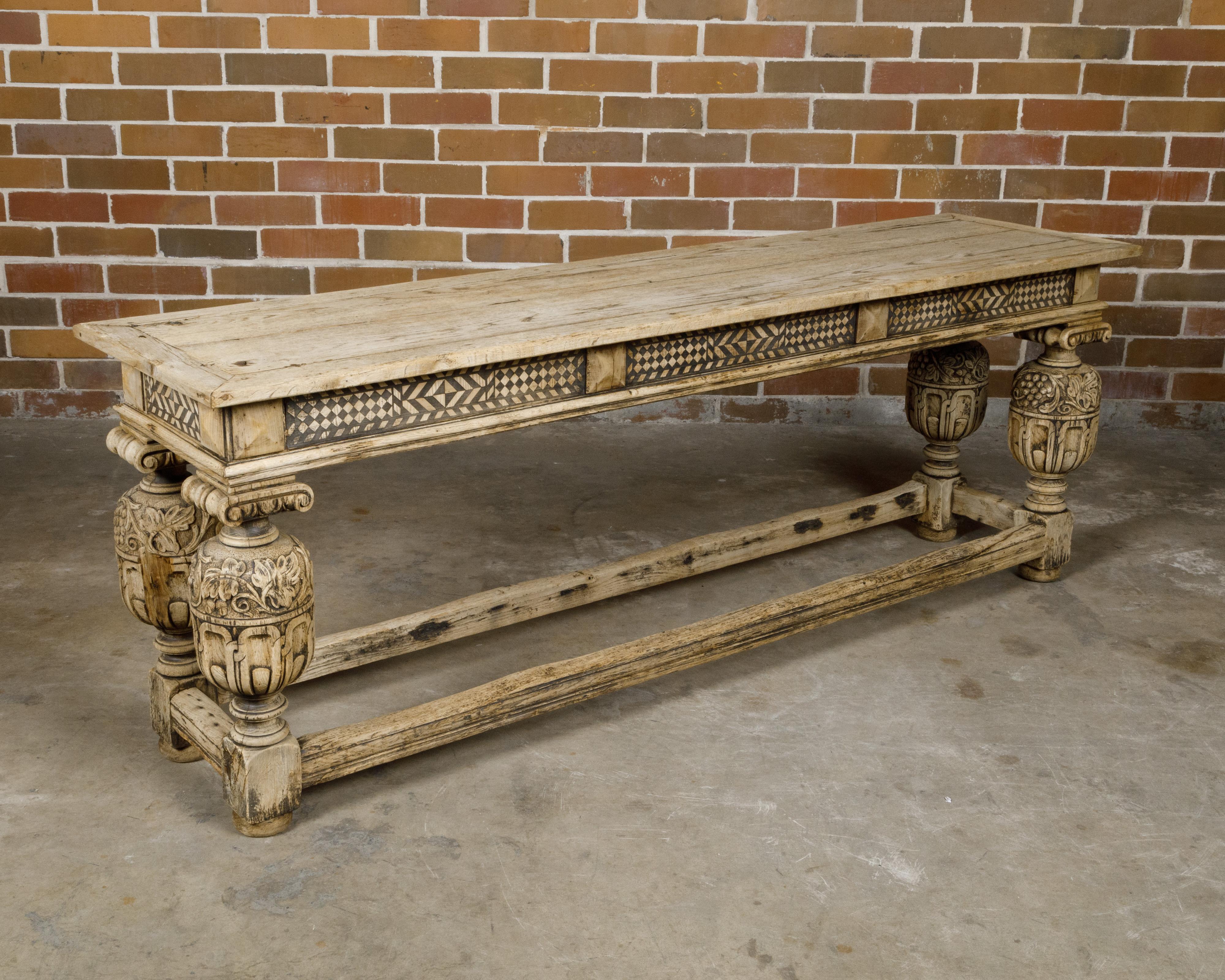English 19th Century Bleached Oak Console Table with Geometric Inlaid Frieze 1