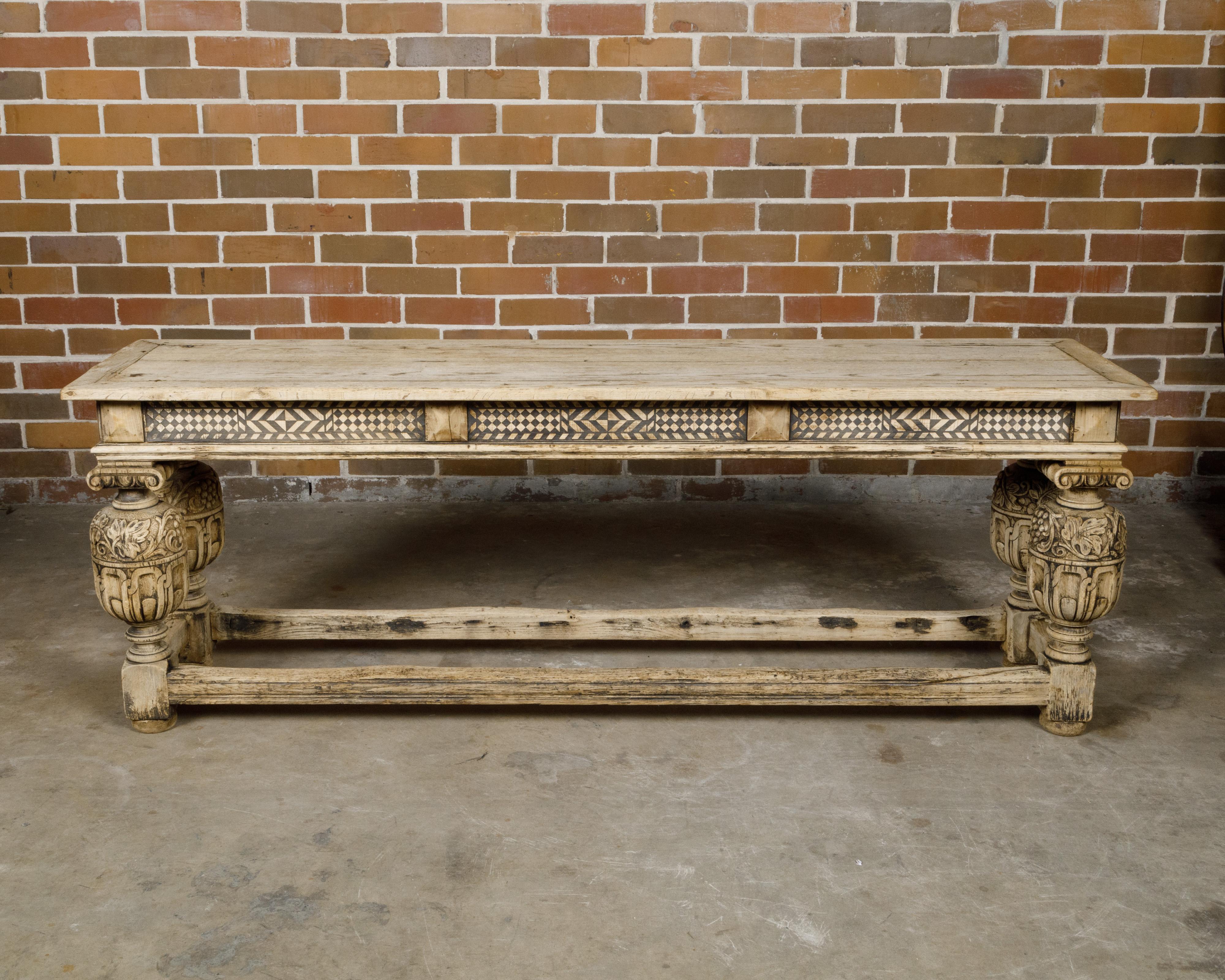 English 19th Century Bleached Oak Console Table with Geometric Inlaid Frieze 2