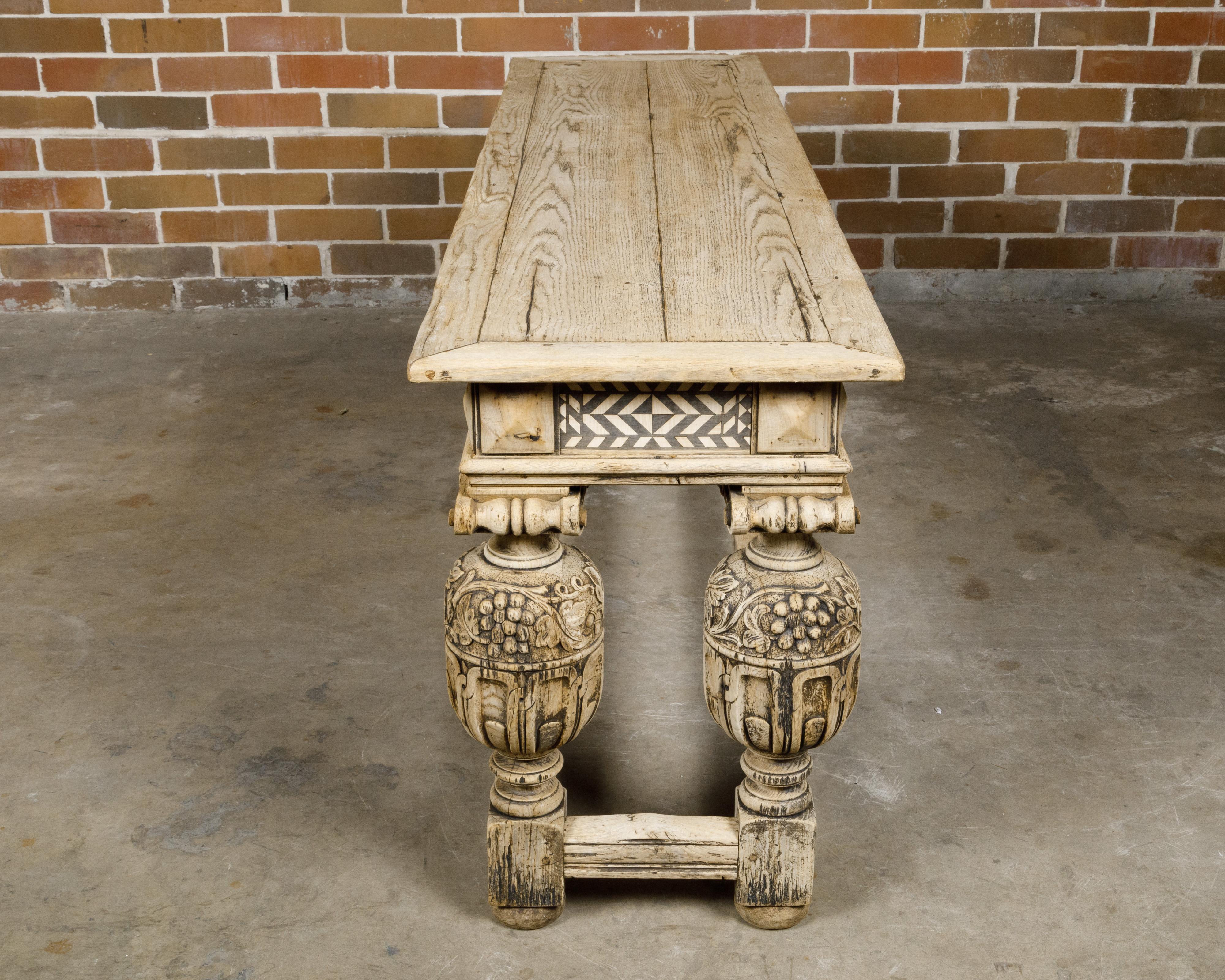 English 19th Century Bleached Oak Console Table with Geometric Inlaid Frieze 3