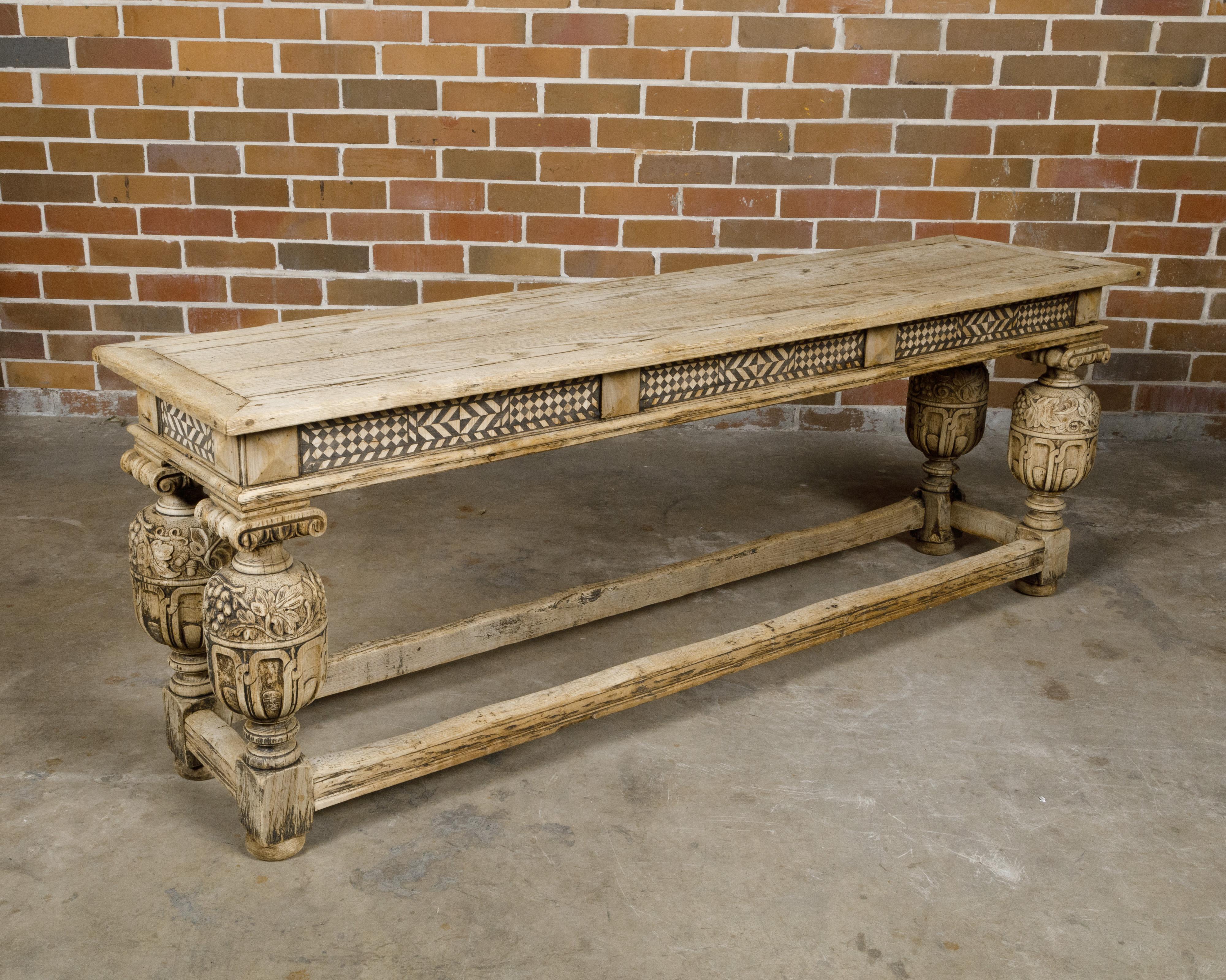 English 19th Century Bleached Oak Console Table with Geometric Inlaid Frieze 4
