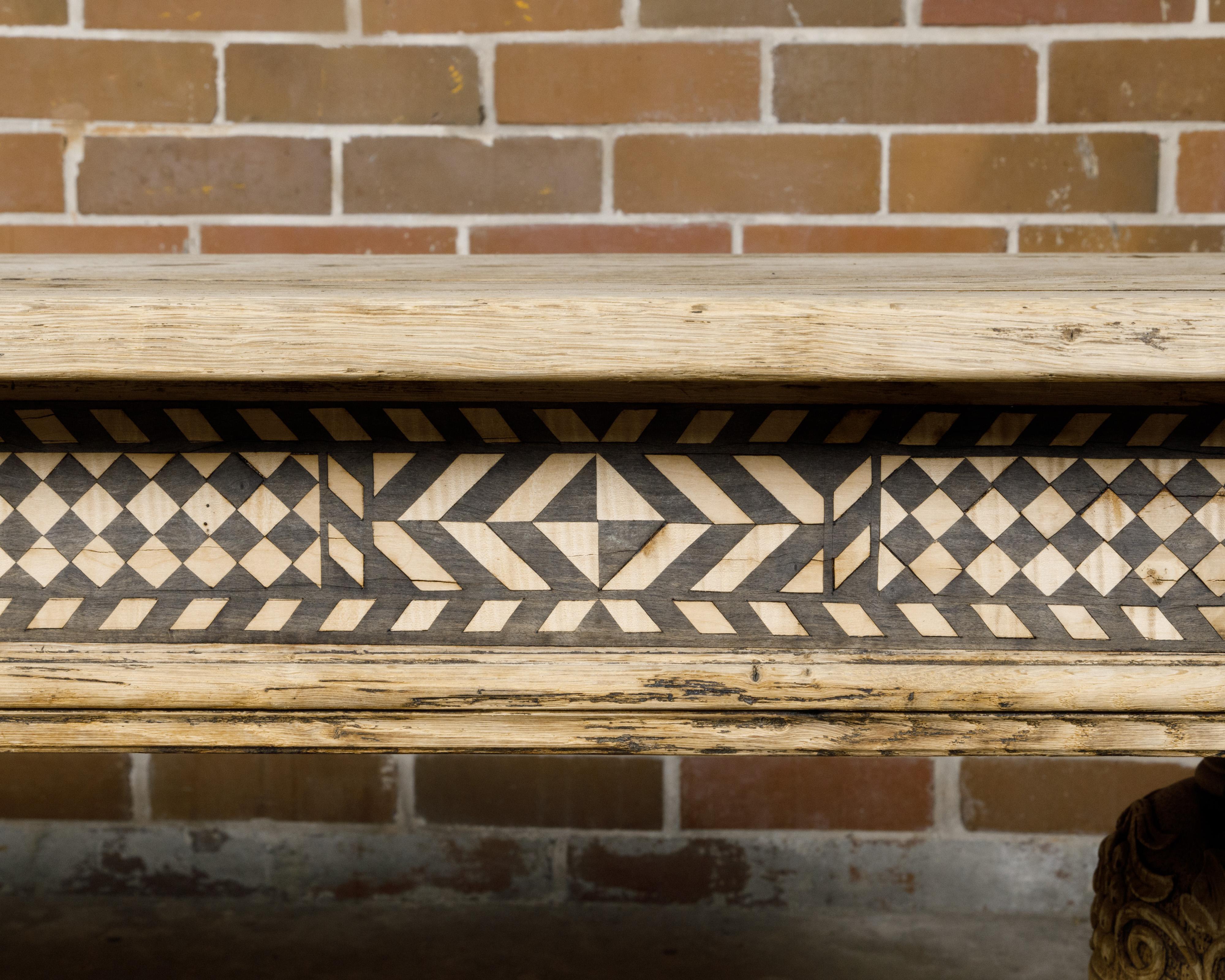 English 19th Century Bleached Oak Console Table with Geometric Inlaid Frieze 6