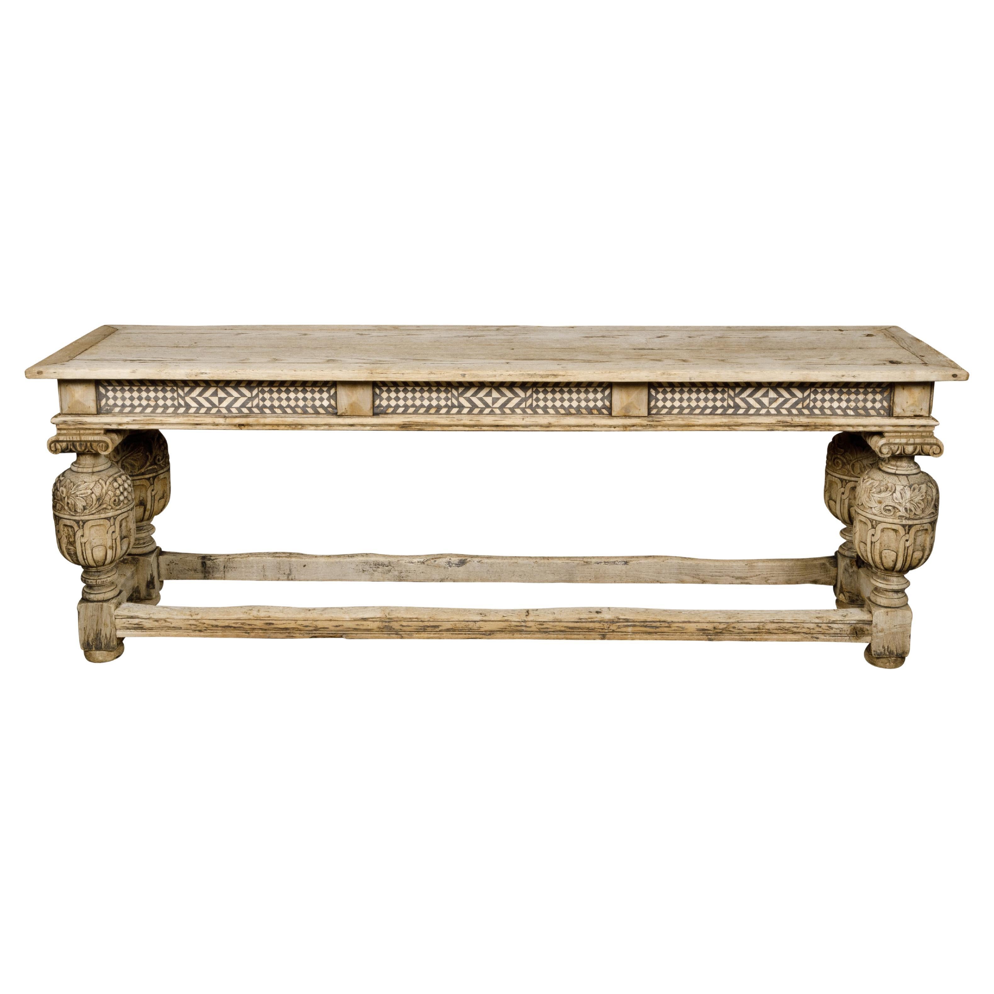 English 19th Century Bleached Oak Console Table with Geometric Inlaid Frieze