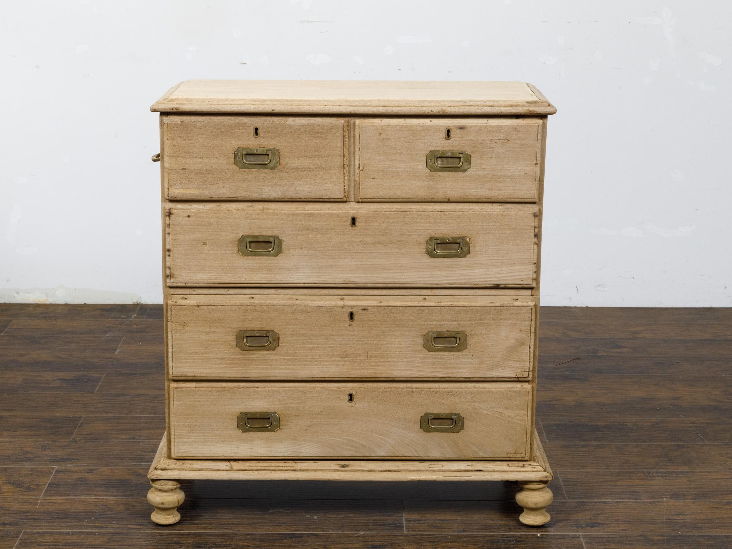 English 19th Century Bleached Wood Five-Drawer Commode with Brass Hardware For Sale 11