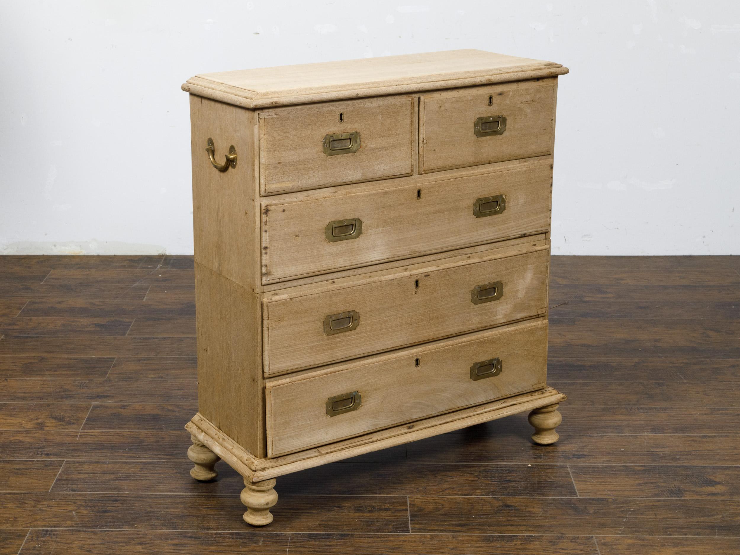 English 19th Century Bleached Wood Five-Drawer Commode with Brass Hardware For Sale 3