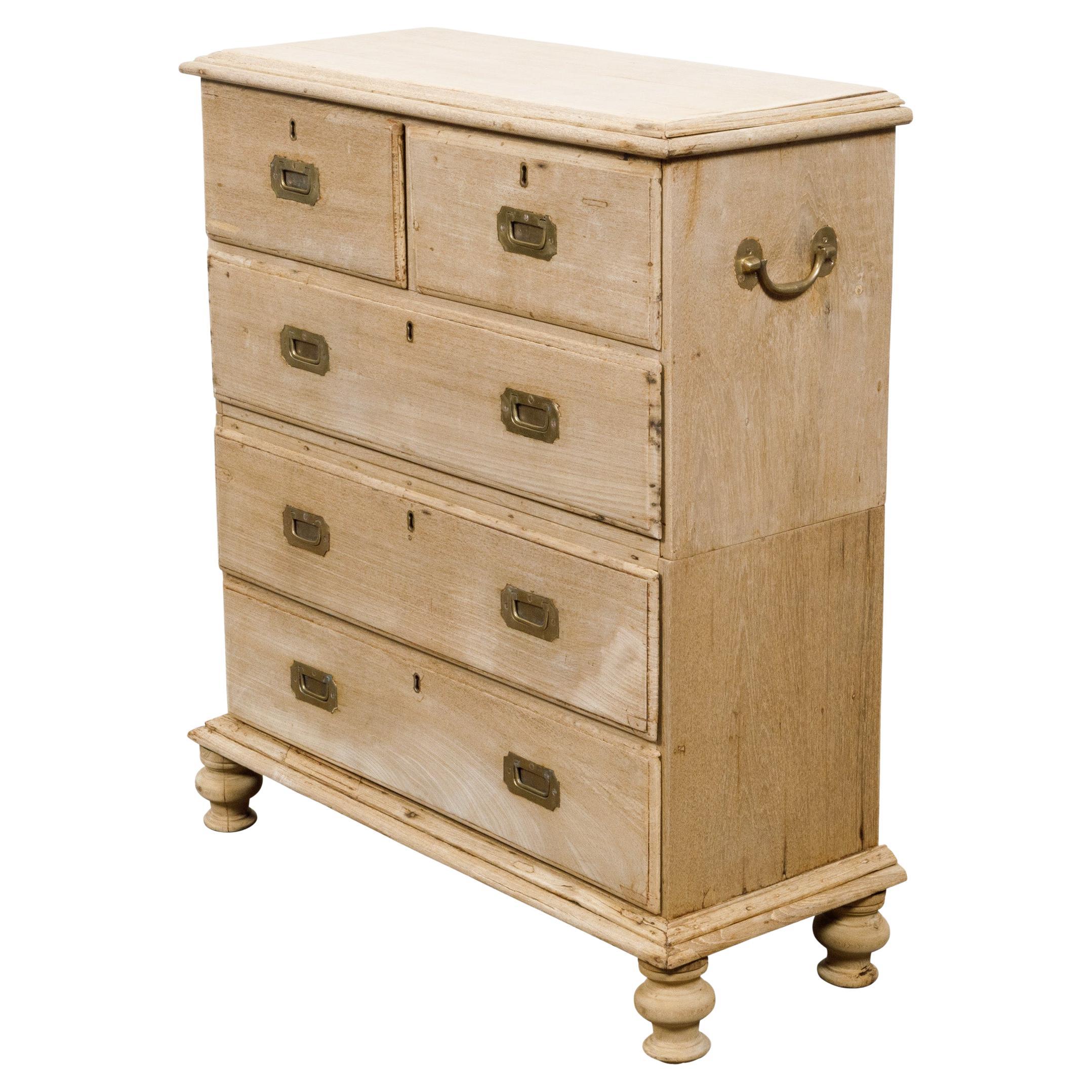 English 19th Century Bleached Wood Five-Drawer Commode with Brass Hardware For Sale