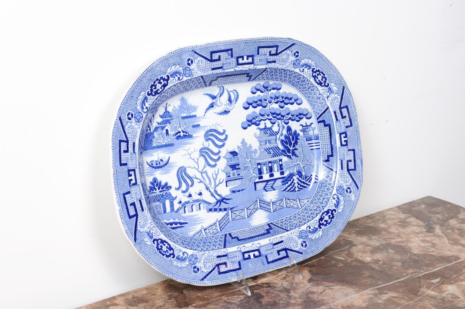 English 19th Century Blue and White Chinoiserie Stoneware Willow Pattern Platter 2