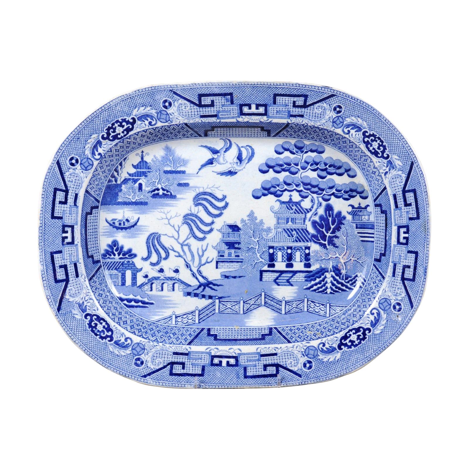 English 19th Century Blue and White Chinoiserie Stoneware Willow Pattern Platter