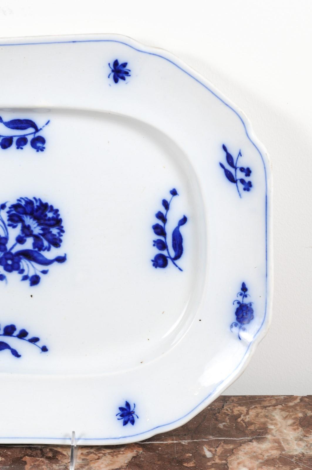 English 19th Century Blue and white Platter with Floral and Foliage Decor 1