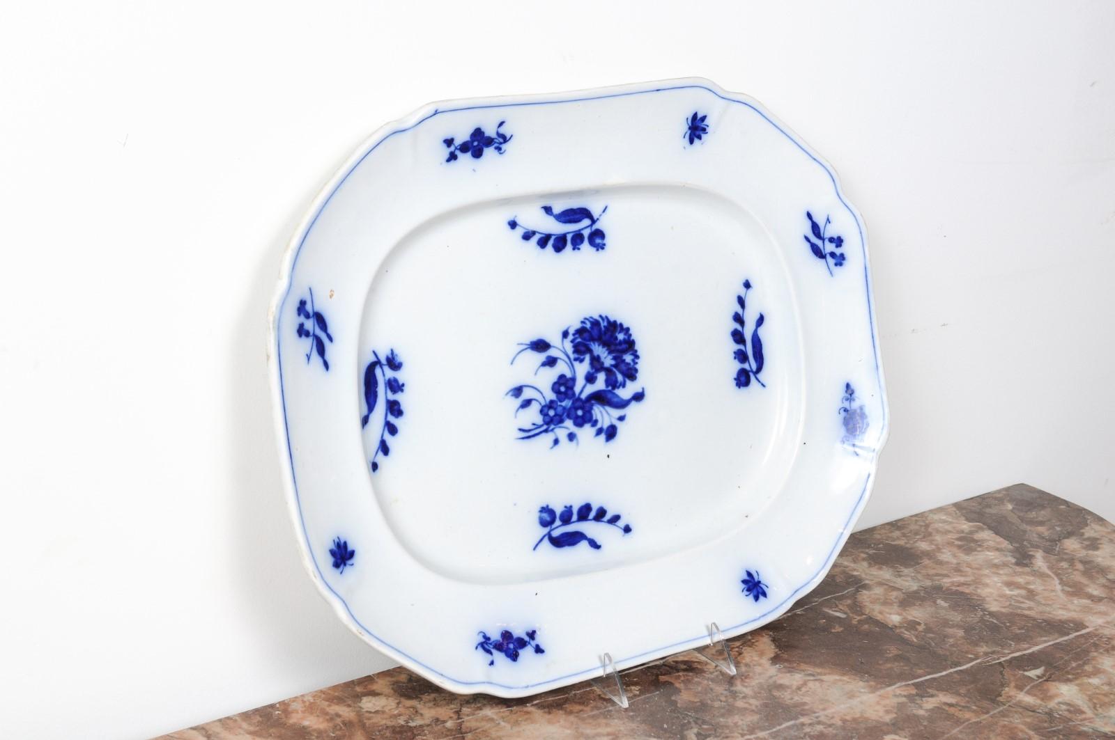 English 19th Century Blue and white Platter with Floral and Foliage Decor 3