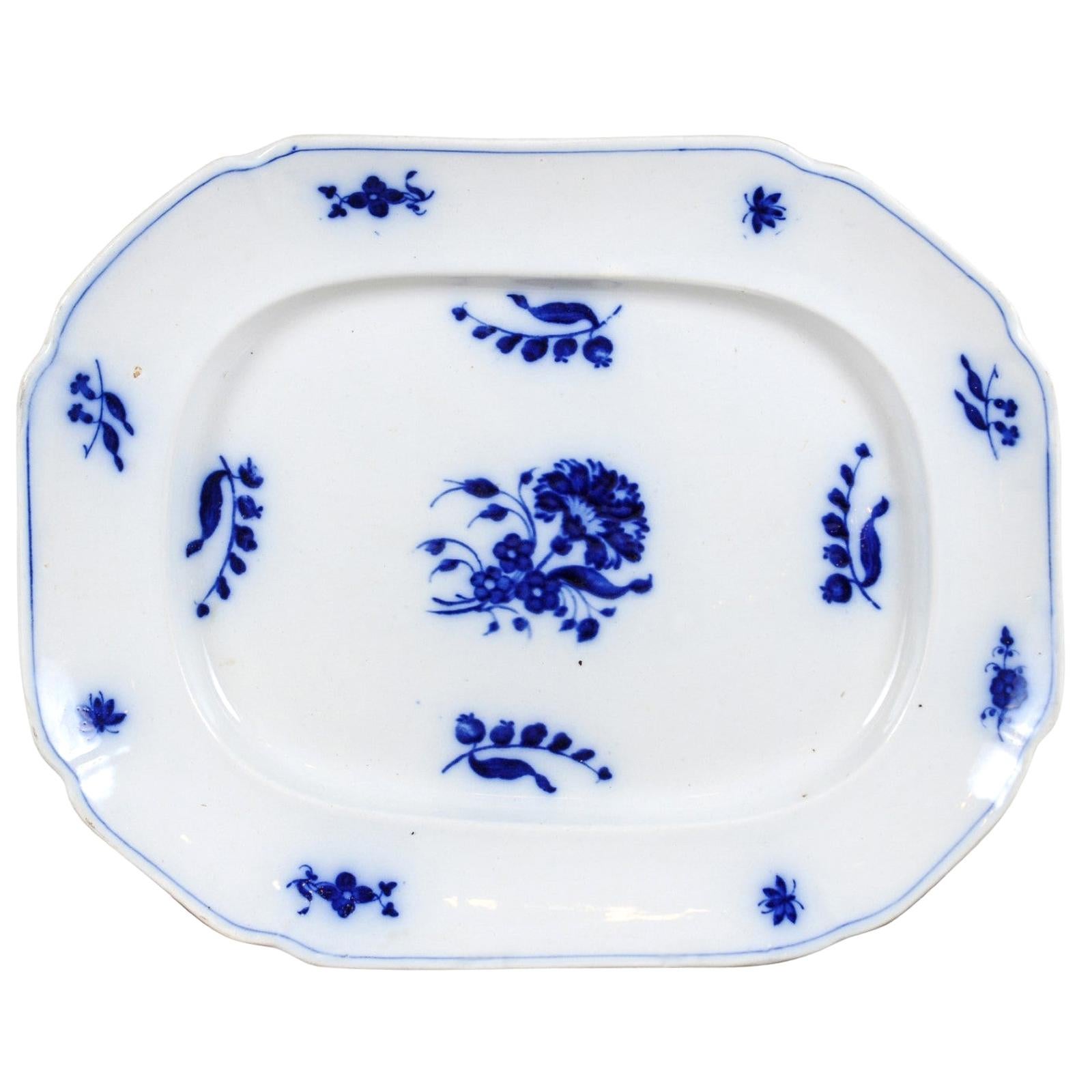 English 19th Century Blue and white Platter with Floral and Foliage Decor