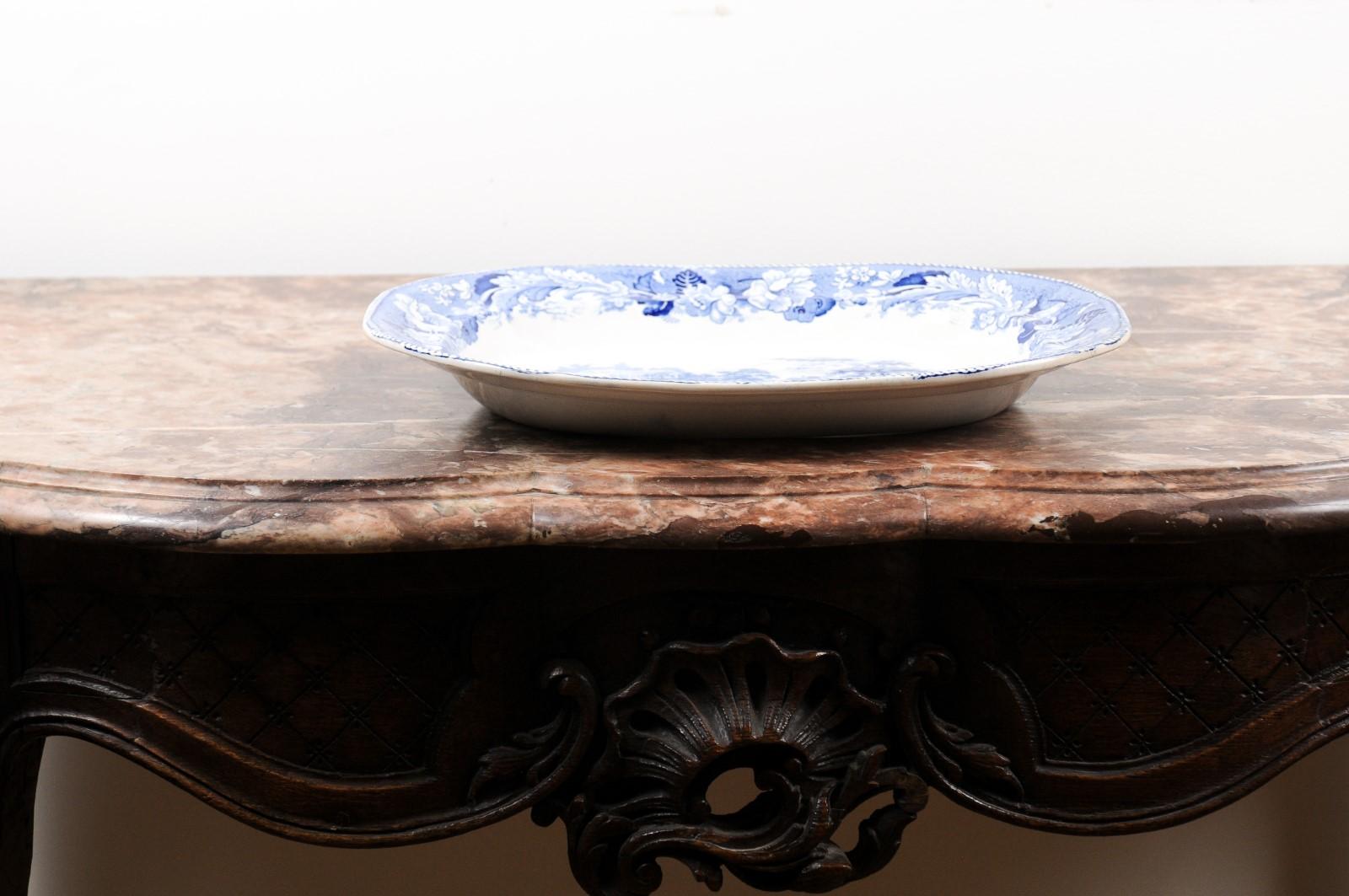 English 19th Century Blue and White Platter with Pastoral Scene and Floral Décor 7