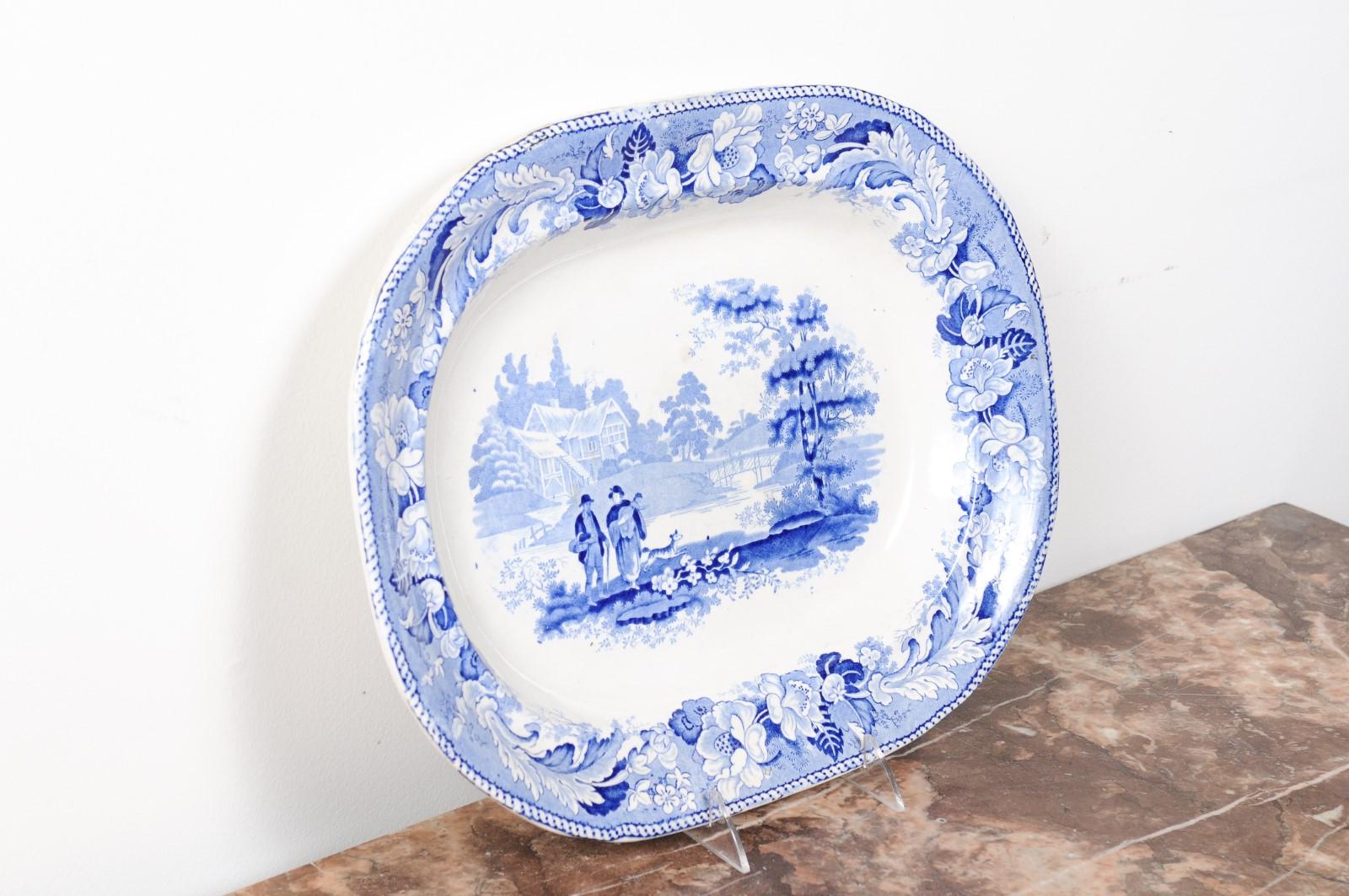 English 19th Century Blue and White Platter with Pastoral Scene and Floral Décor 3