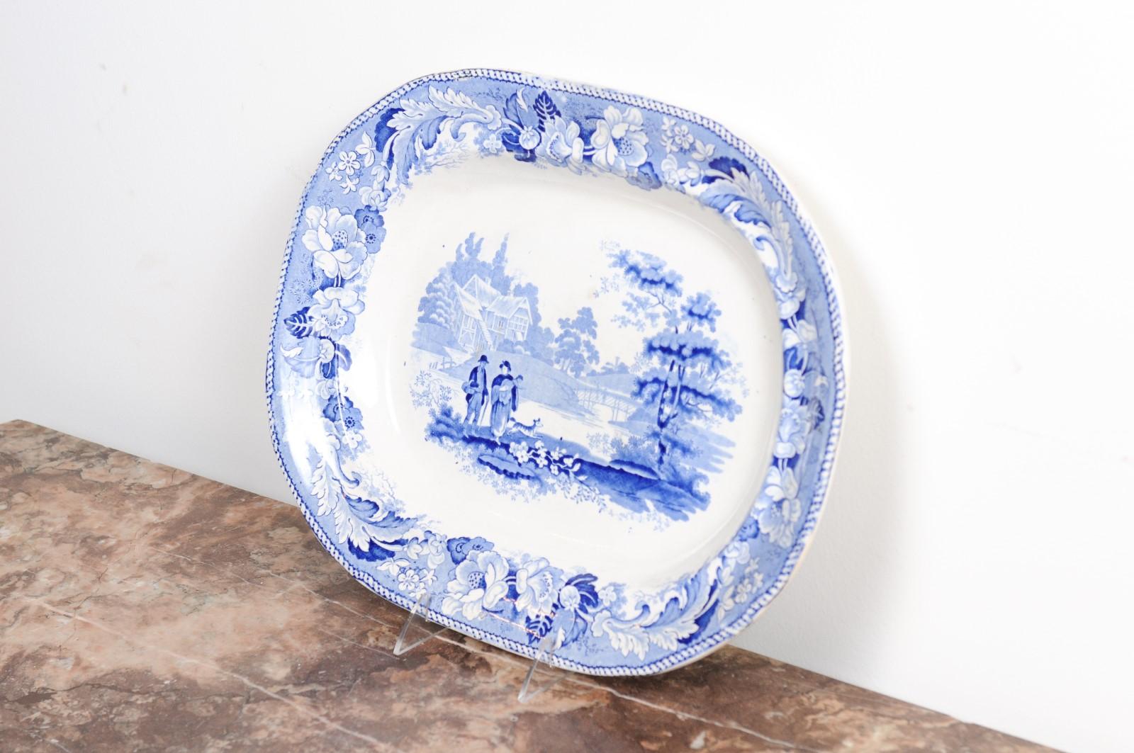 English 19th Century Blue and White Platter with Pastoral Scene and Floral Décor 4