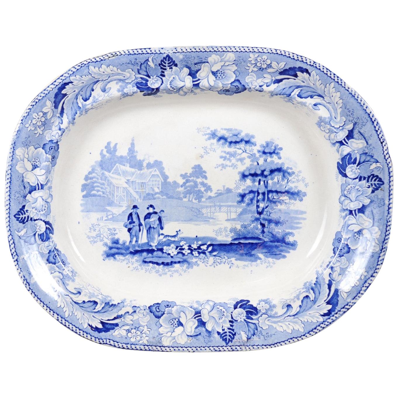 English 19th Century Blue and White Platter with Pastoral Scene and Floral Décor