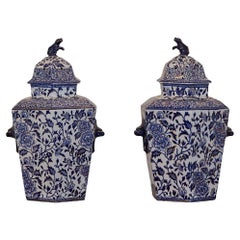 Antique English 19th Century Blue and White Porcelain Lidded Pot Pourri Pots with Dogs