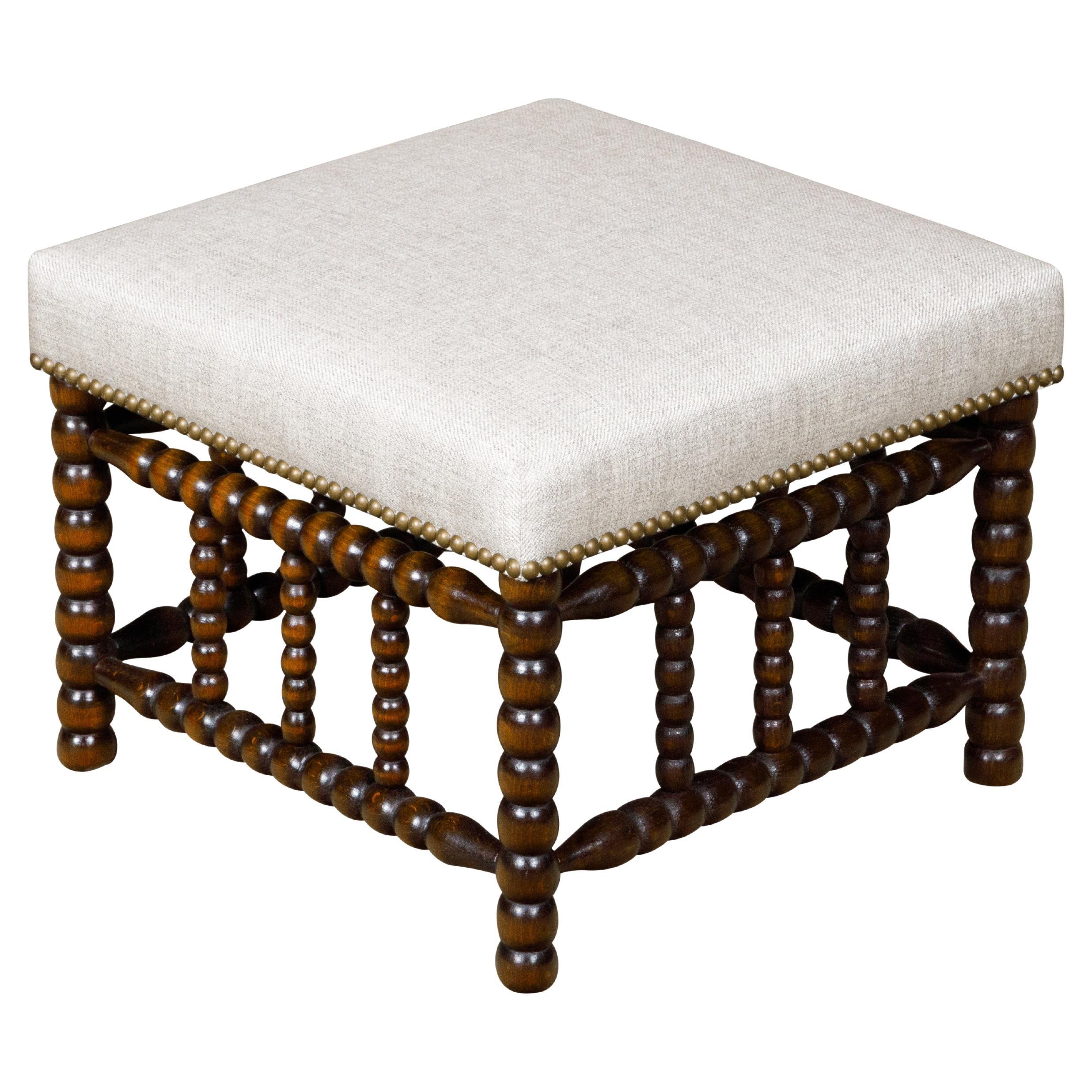 English 19th Century Bobbin Stool with Upholstered Seat and Nailhead Trim