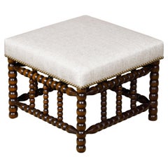 Antique English 19th Century Bobbin Stool with Upholstered Seat and Nailhead Trim
